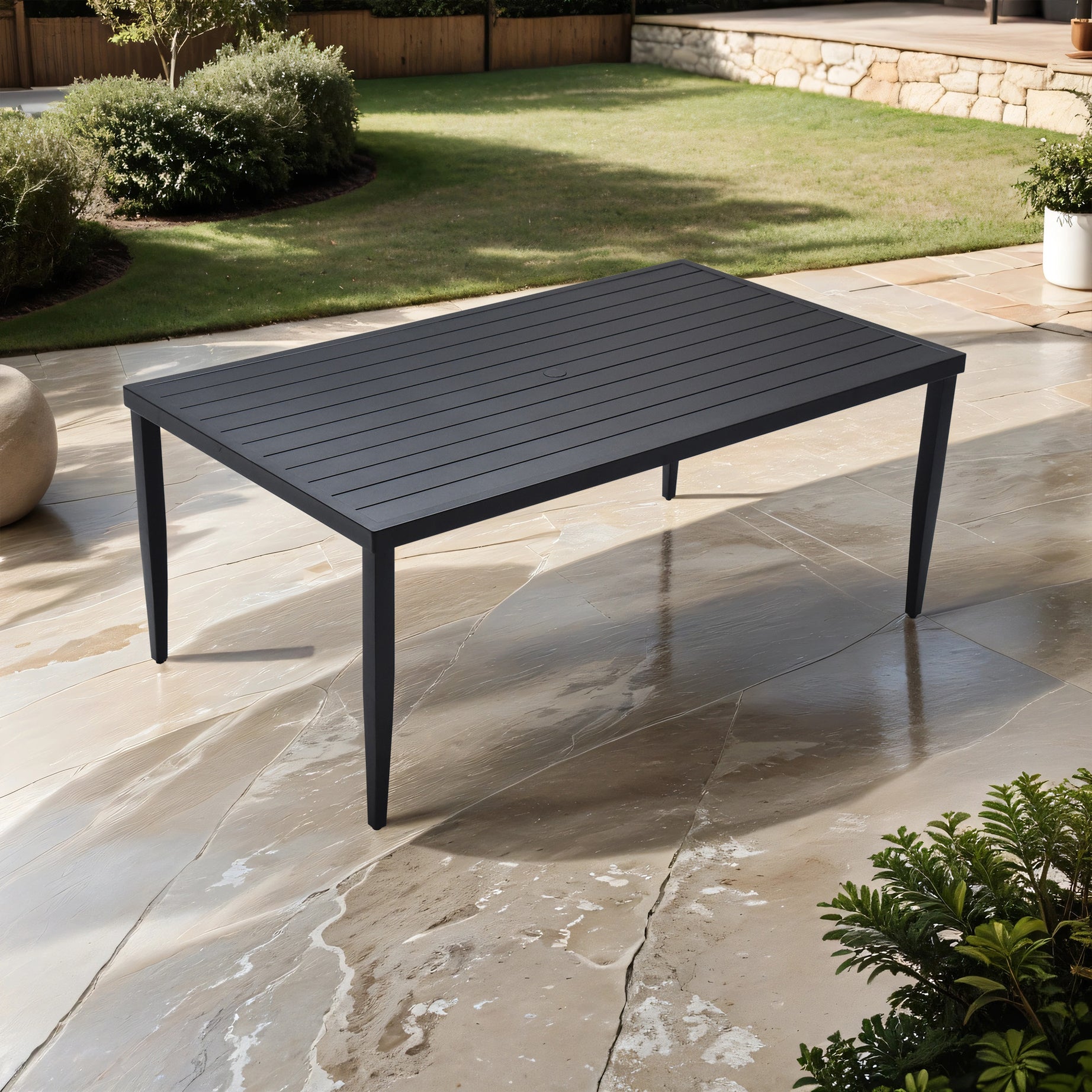 Outdoor Patio Aluminum 40"x70" Rectangle Dining Table with Tapered Feet & Umbrella Hole, Ember Black--1