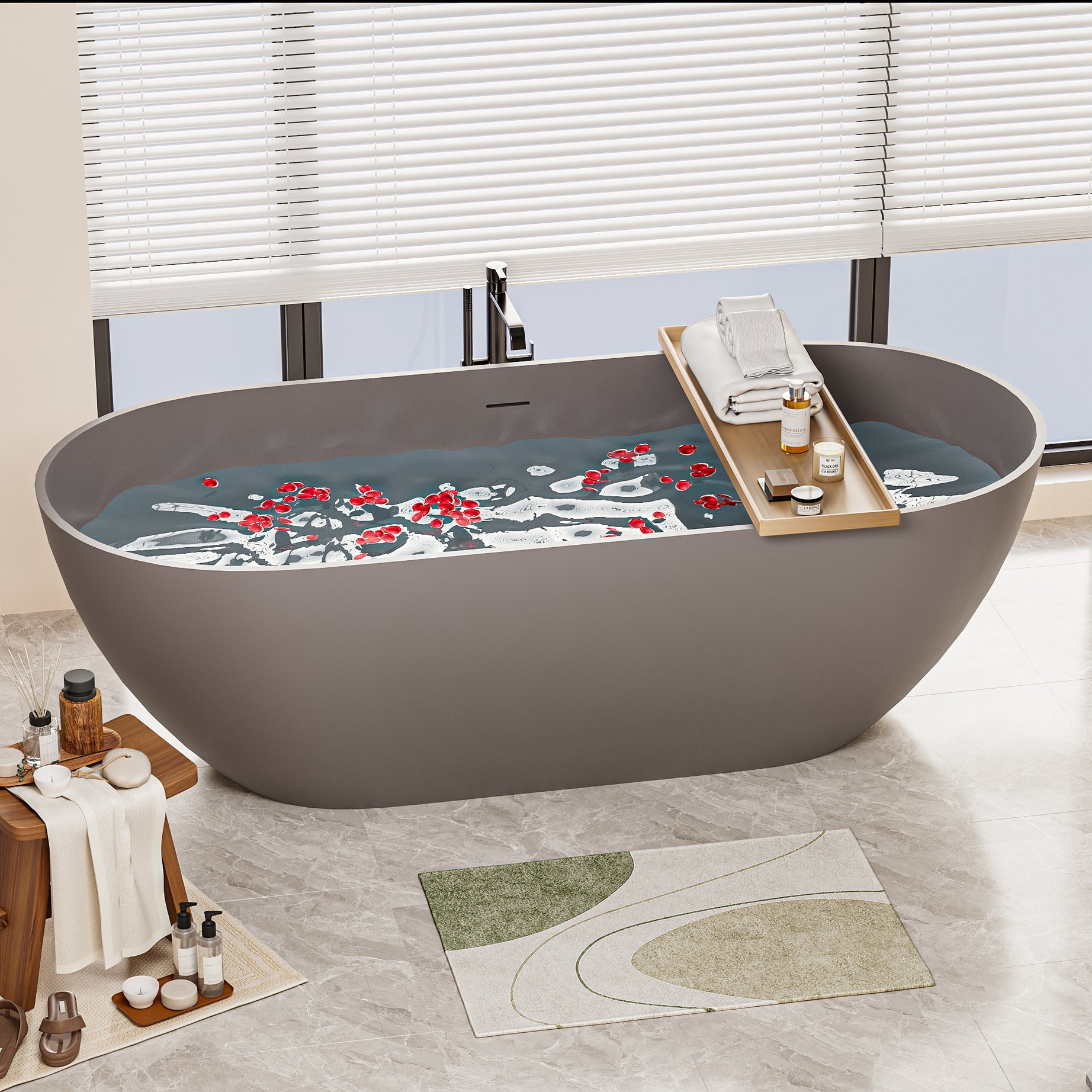 63" Luxury Engineered Solid Surface Bathtub, Stone Resin Freestanding Soaking Bathtub with Overflow and Pop-up Drain for Contemporary Bathroom, Matte Grey 23S03-63MG--1