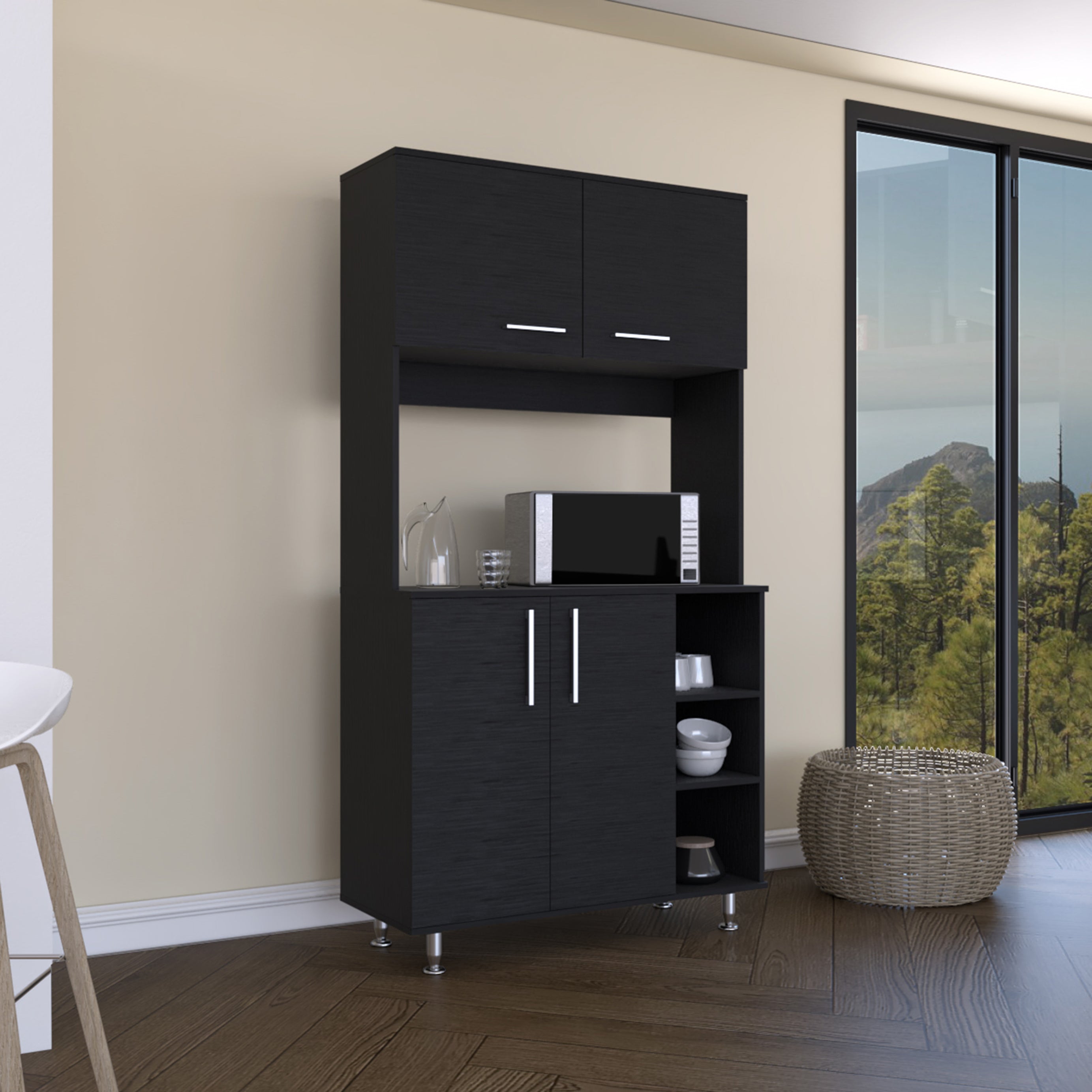 95 Pantry Kit, Four Legs, Double Door Cabinet, Three Shelves  -Black--1