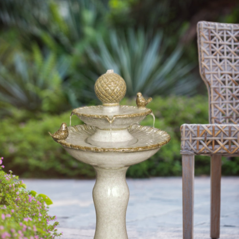 15.7x15.7x26.4" Decorative Two-Tiered White Outdoor Water Fountain with Bird Accents--1