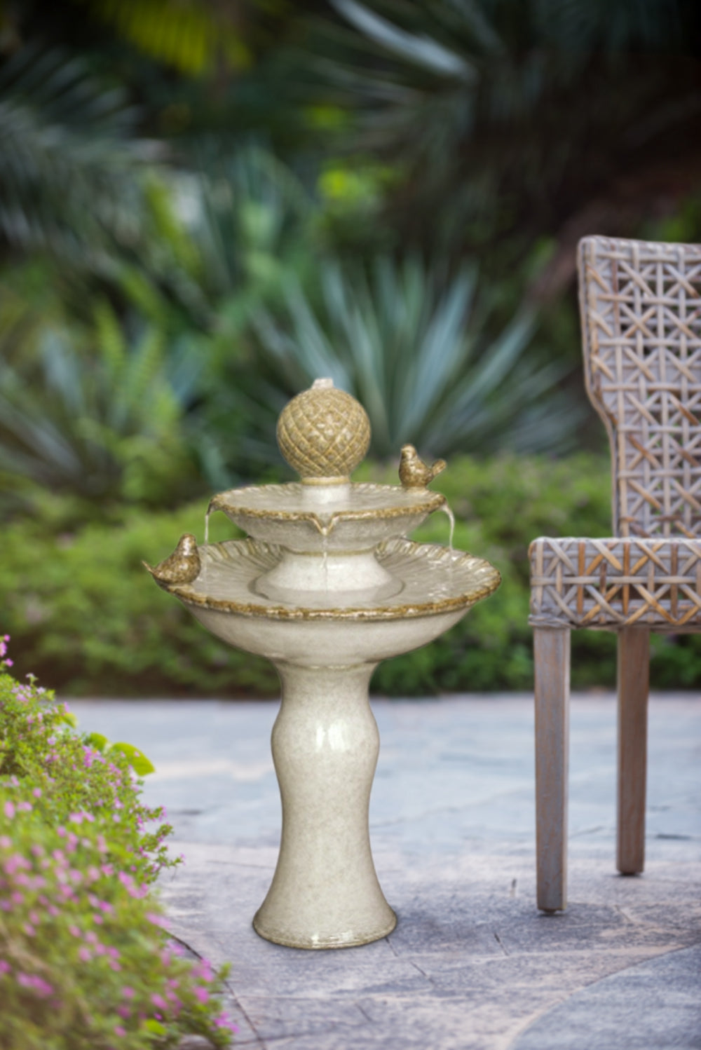 15.7x15.7x26.4" Decorative Two-Tiered White Outdoor Water Fountain with Bird Accents--1