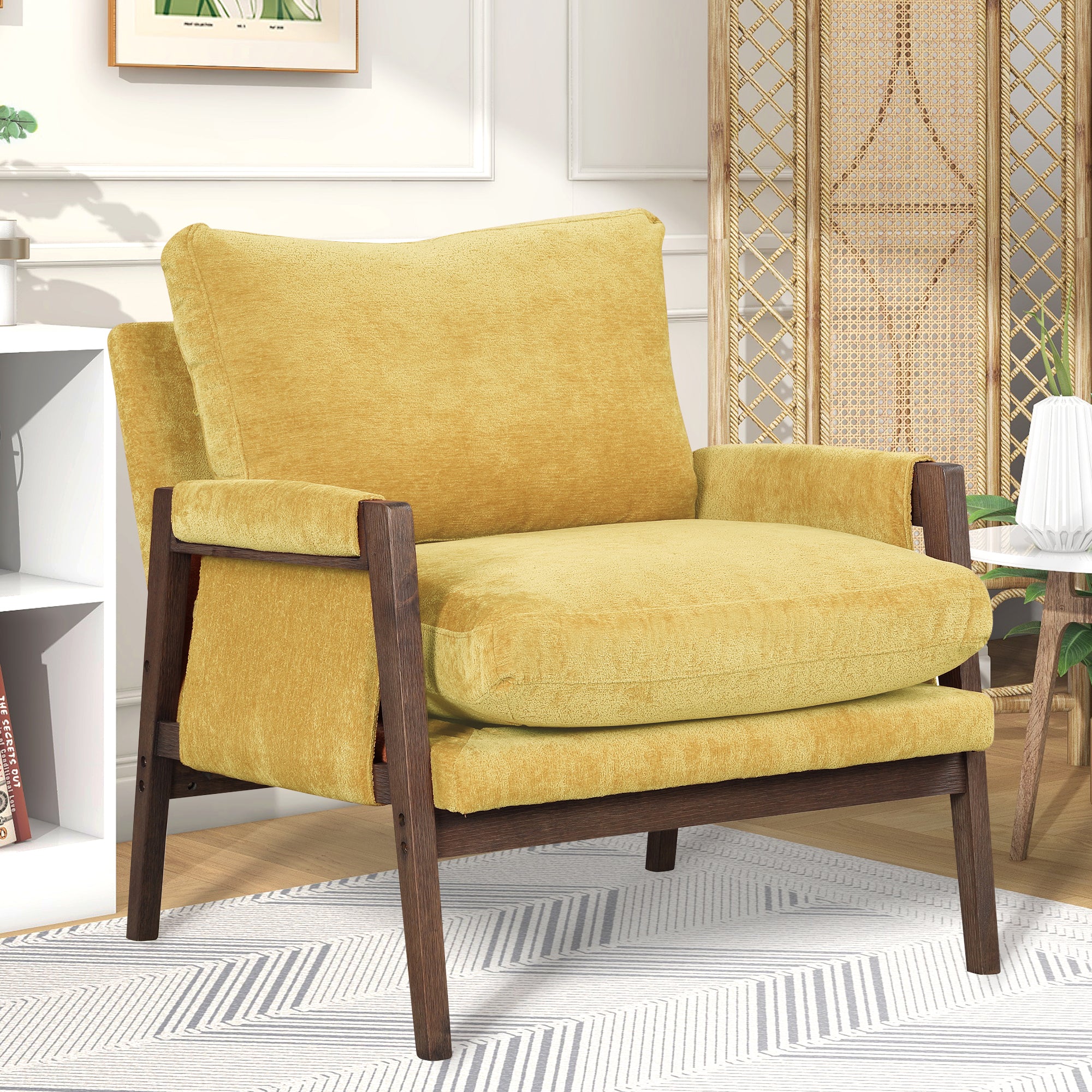 Kelly Mid-Century Modern Velvet Accent Armchair, Yellow--1