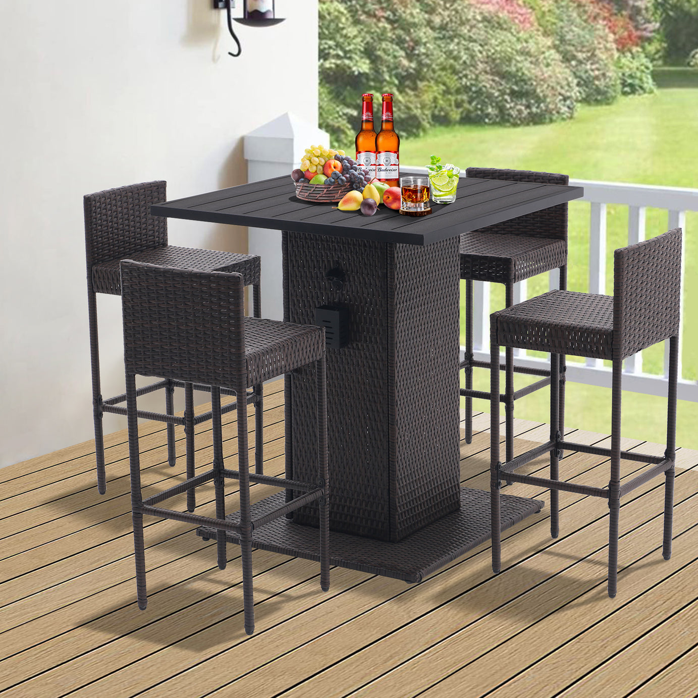 5-Piece Outdoor Conversation Bar Set,All Weather PE Rattan and Steel Frame Patio Furniture With Metal Tabletop and Stools for Patios, Backyards, Porches, Gardens, Poolside (Coffee)--1