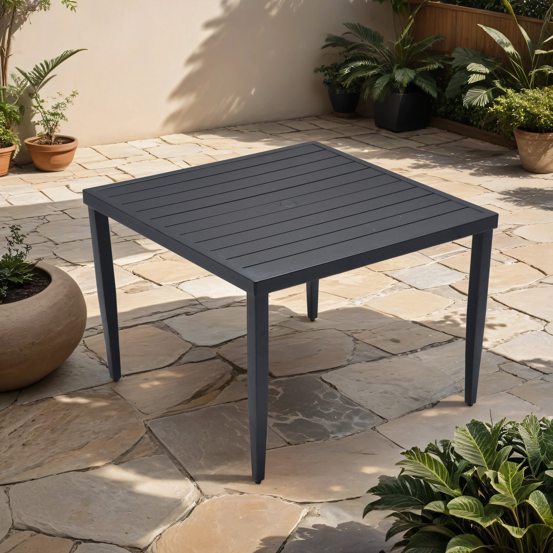 Outdoor Patio Aluminum 40"x40" Square Dining Table with Tapered Feet & Umbrella Hole, Ember Black--1