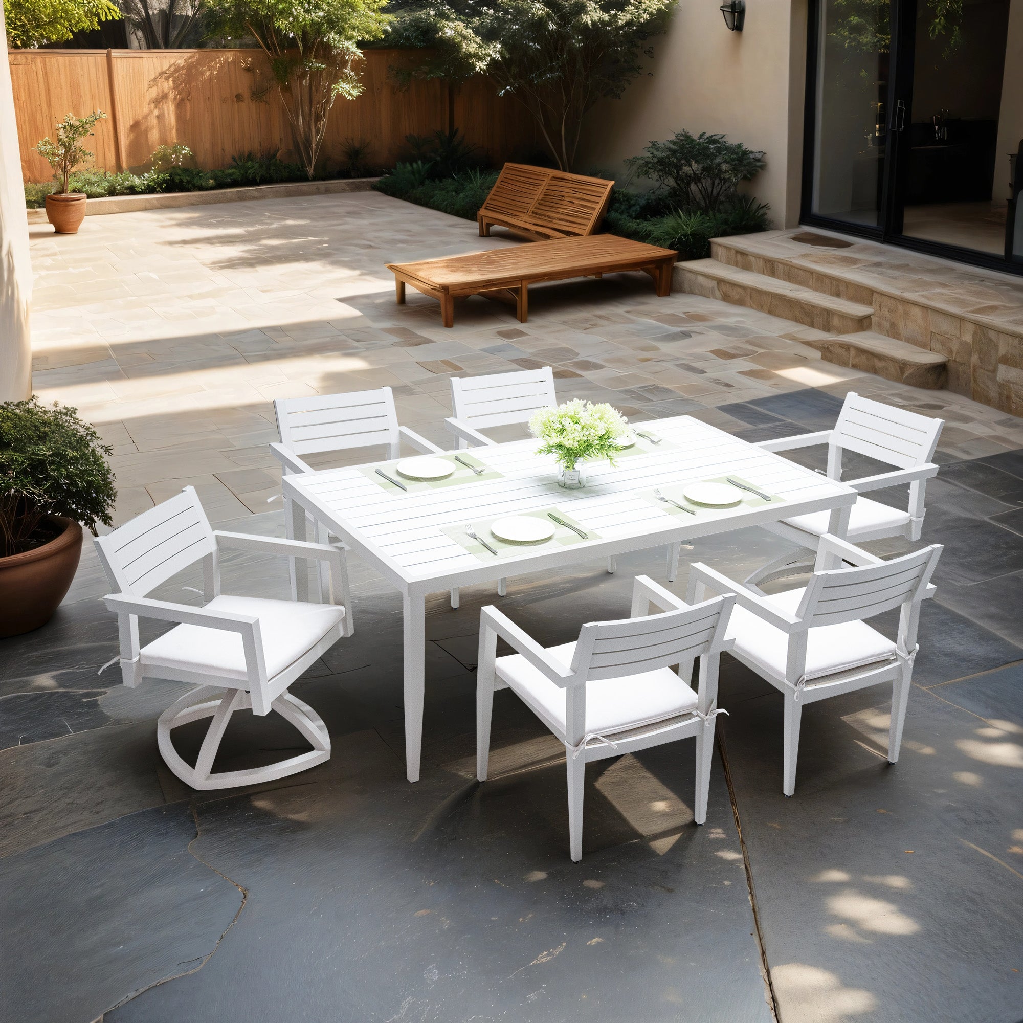 7PC Patio Aluminum Furniture, Modern Dining Set including 4 Dining Chairs & 2 Swivel Rockers Sunbrella Fabric Cushioned and Two-tone Table Top Rectangle Table with Umbrella Hole, Matte White+Grayish--1