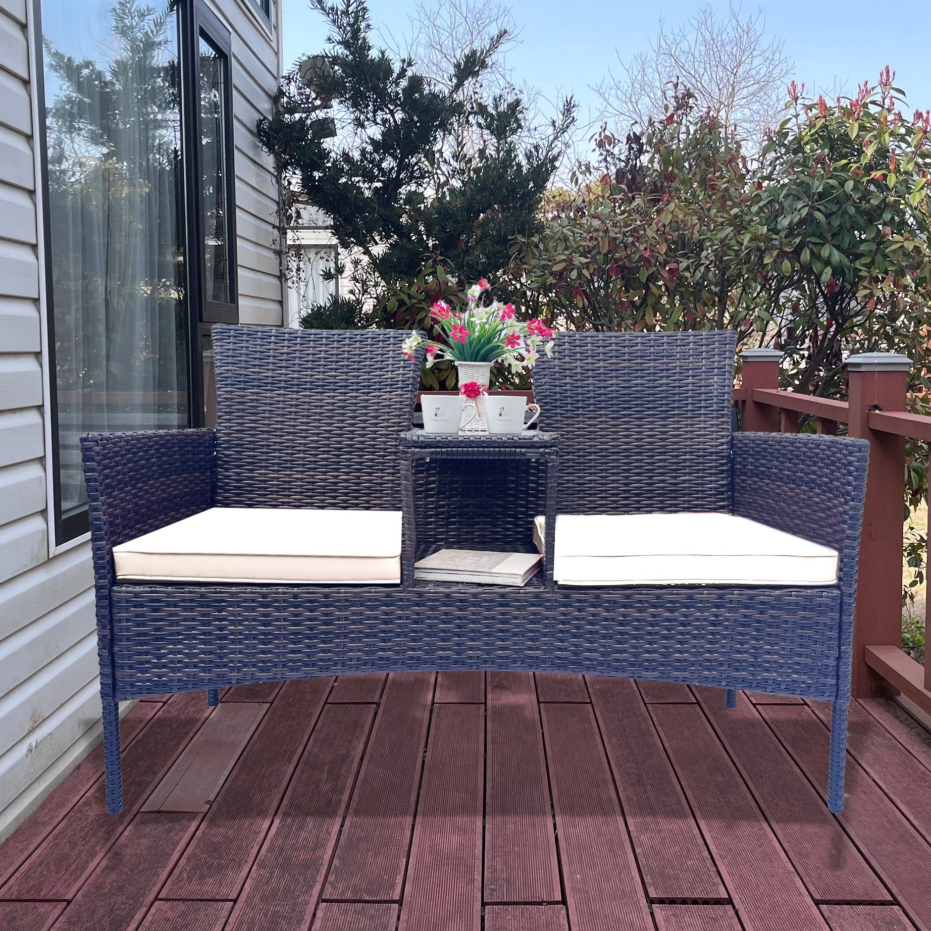 Wicker Patio Conversation Furniture Set, Outdoor Furniture Set with Removable Cushions & Table, Tempered Glass Top, Modern Rattan Bench for Garden Lawn Backyard--1