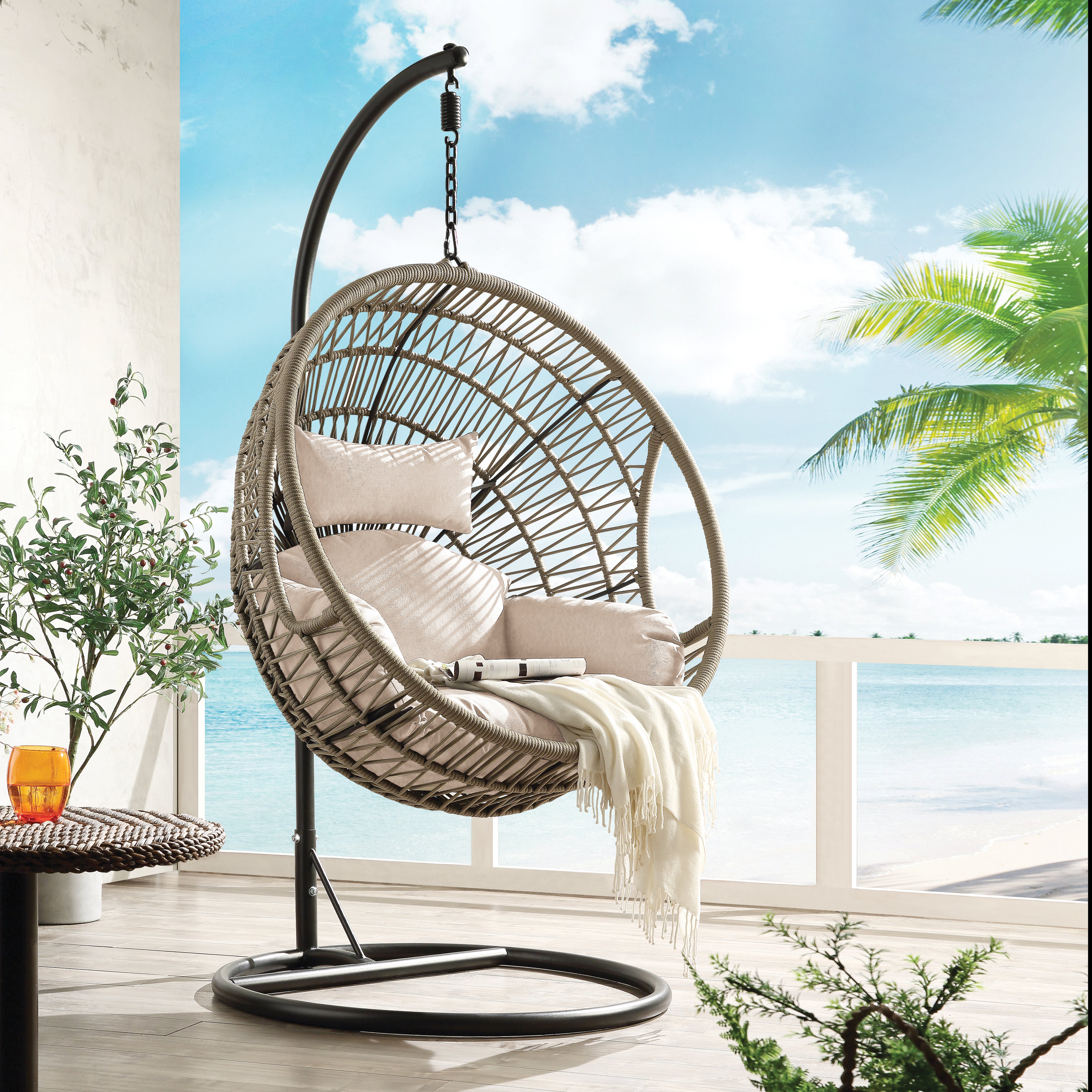 ACME Vinnie Patio Swing Chair with Stand, Fabric & Rope (1Set/3Ctn) 45088--1