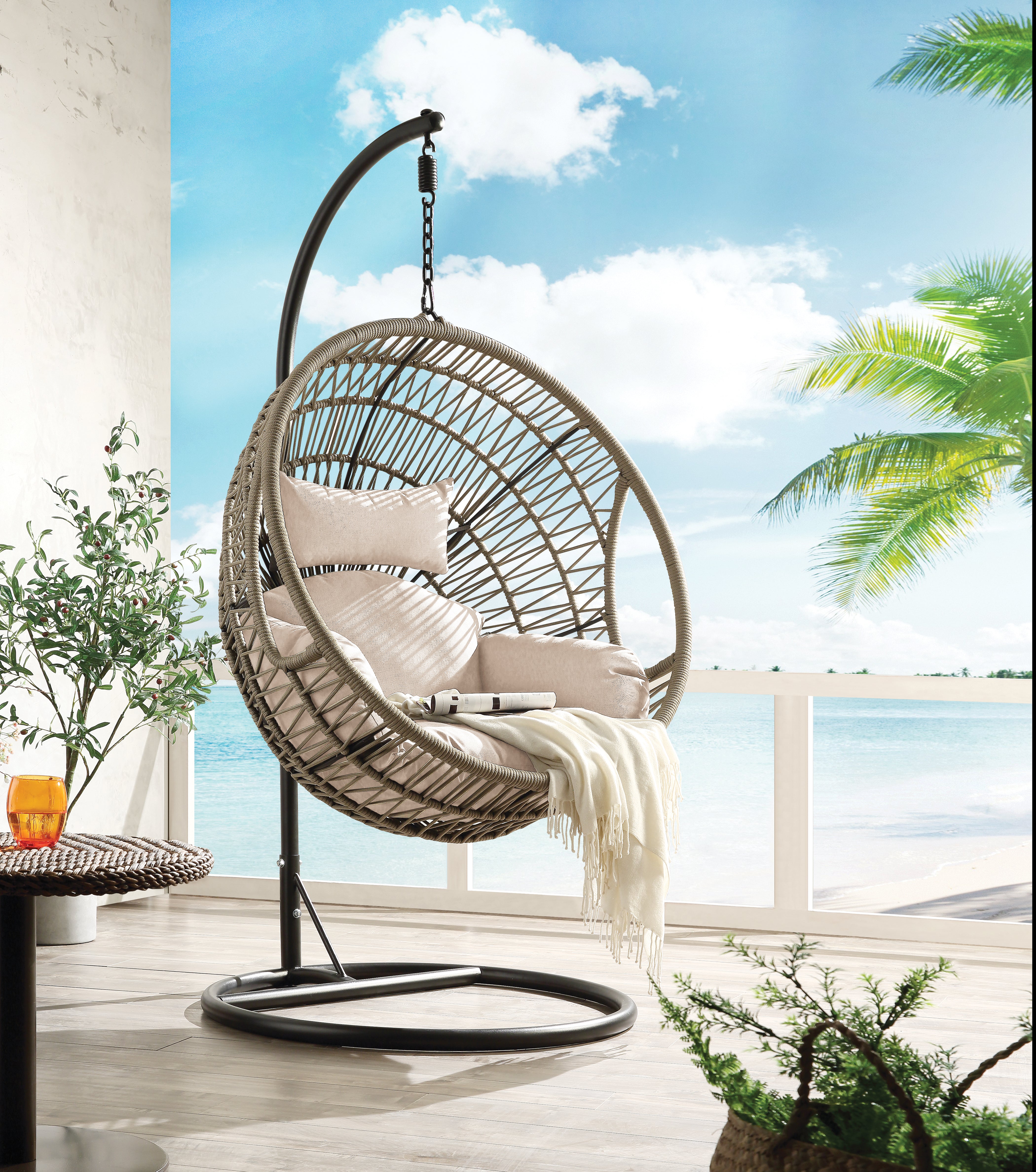 ACME Vinnie Patio Swing Chair with Stand, Fabric & Rope (1Set/3Ctn) 45088--1