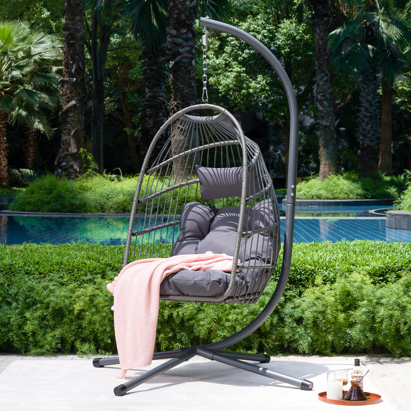 Outdoor Egg Hanging Chair with Stand, Patio Wicker Swing Egg Chair Indoor Swinging Chair Outdoor Hammock Egg Chair--1