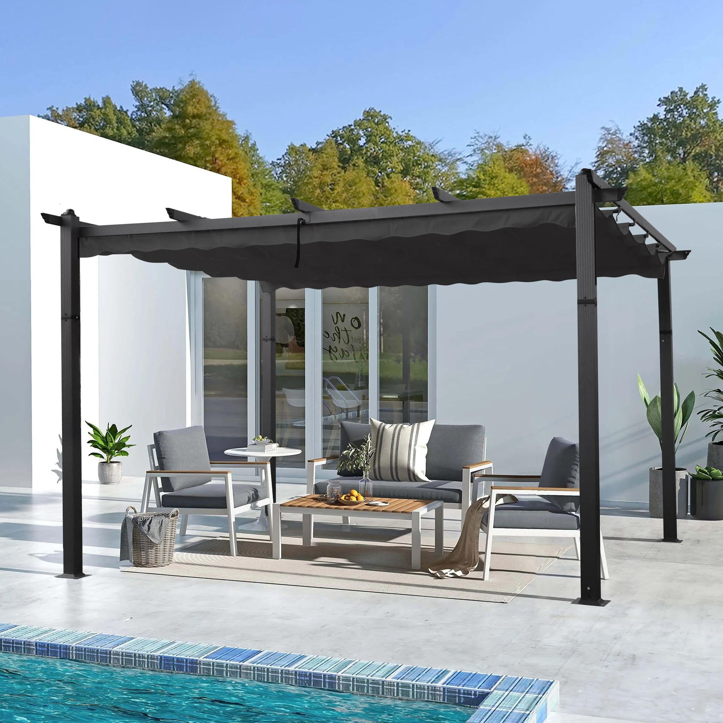 13x10 Ft Outdoor Patio Retractable Pergola With Canopy Sunshelter Pergola for Gardens,Terraces,Backyard, Gray--1