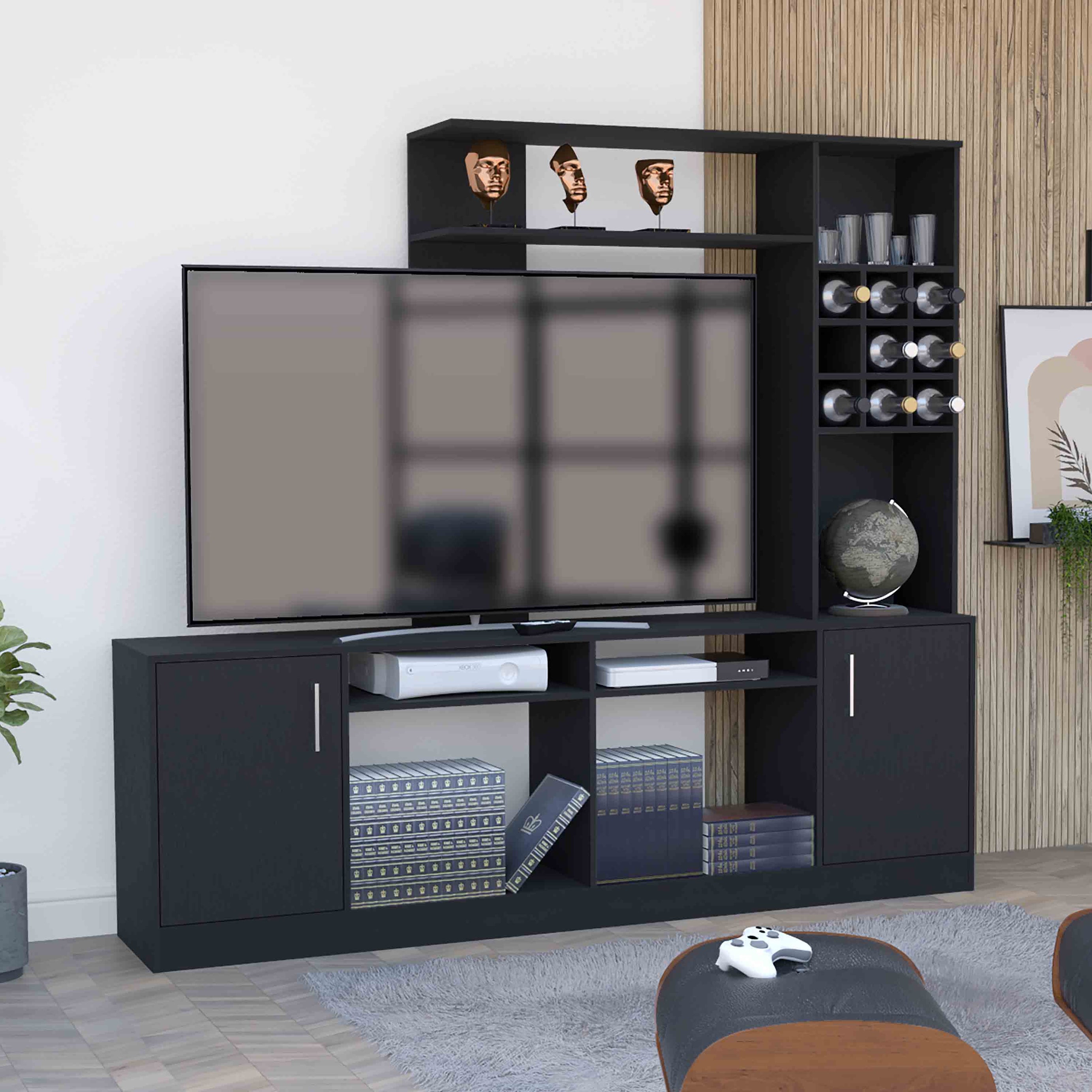 Kava Entertainment Center, Six External Shelves, Double Door Cabinet, Storage Spaces for TV´s up 37" -Black--1