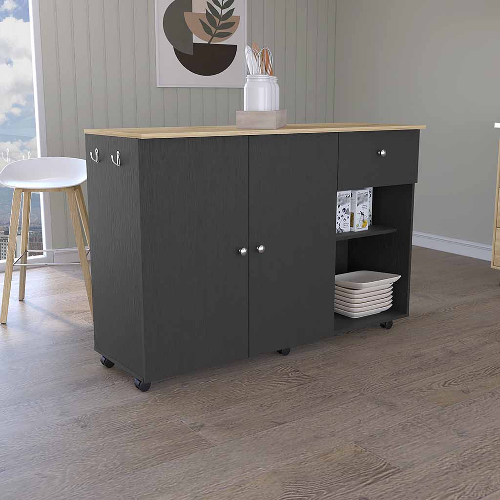 Kitchen Island Cart Victoria, Four Interior Shelves, Six Carters, One Drawer, Double Door Cabinet -Black--1