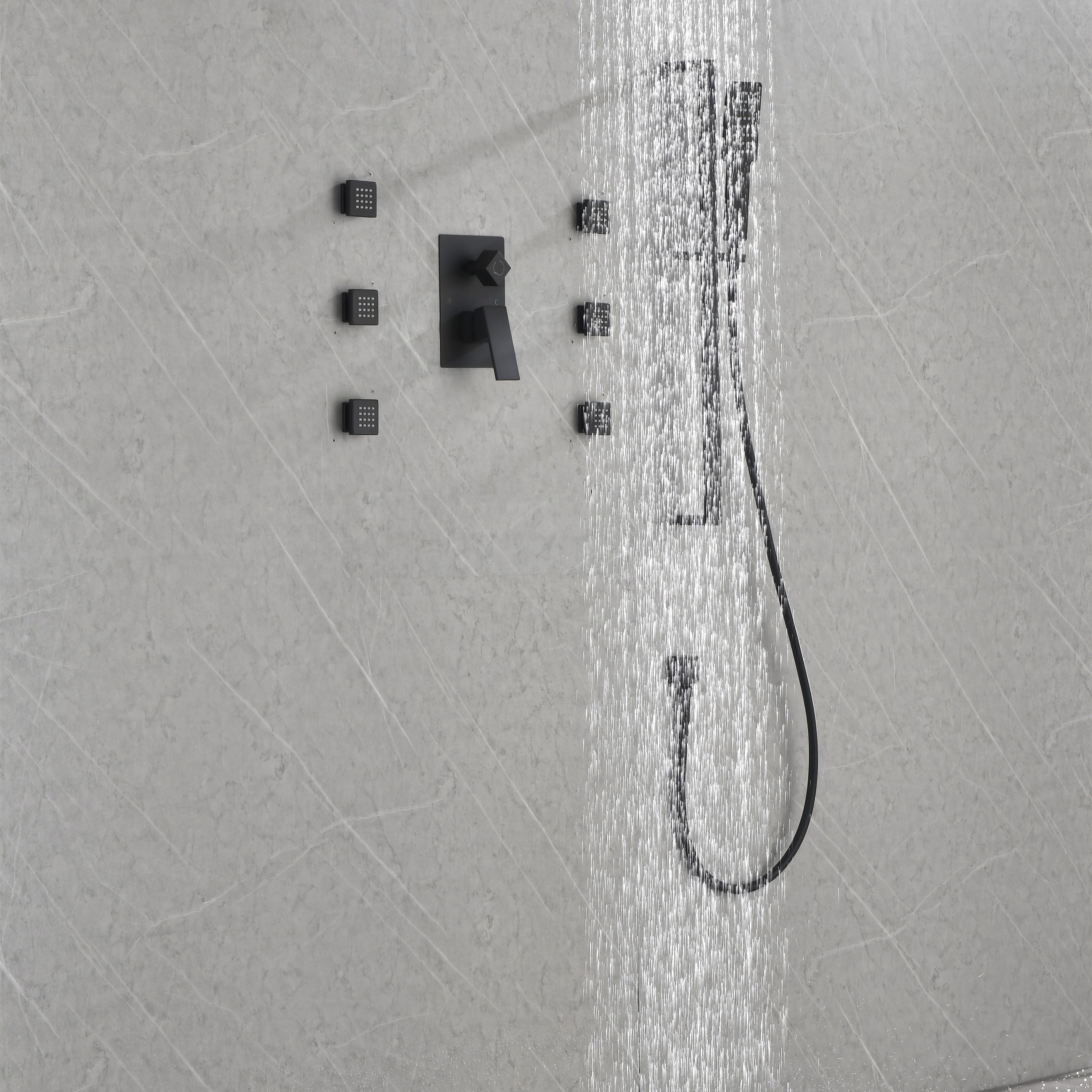 Wall mounted shower system with 6 body sprays and hand shower--3