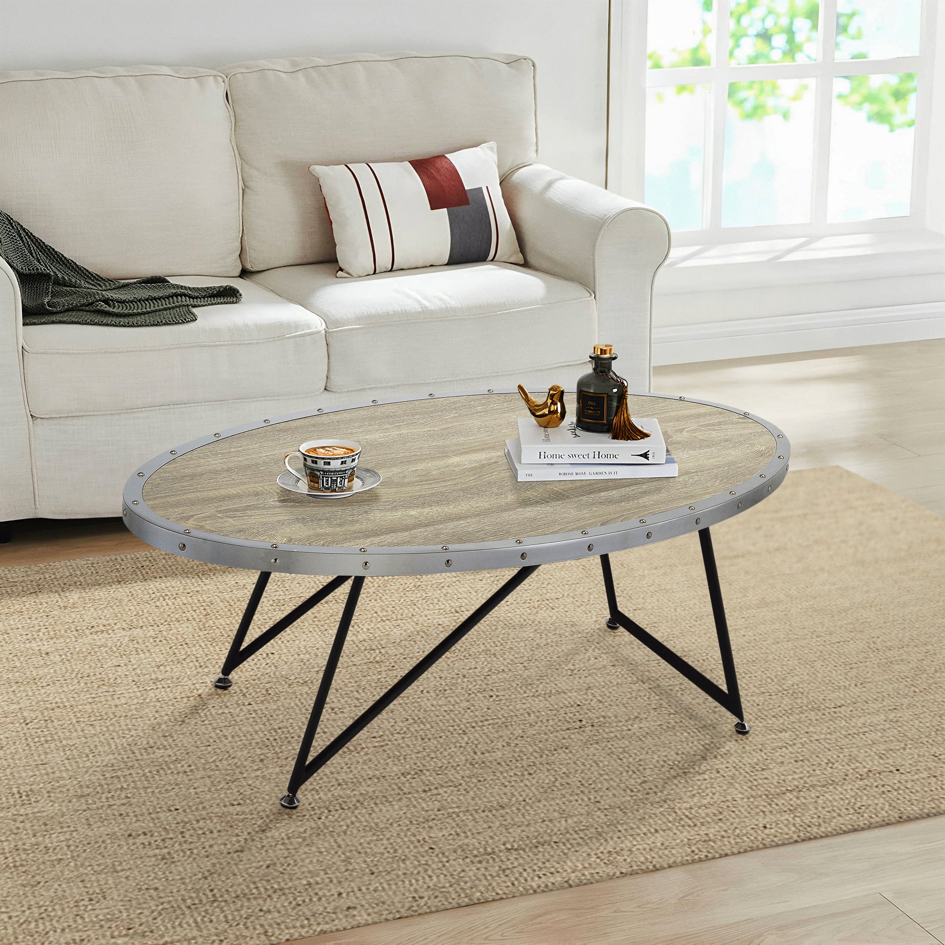 Weathered Grey Oak and Black Oval Coffee Table--1