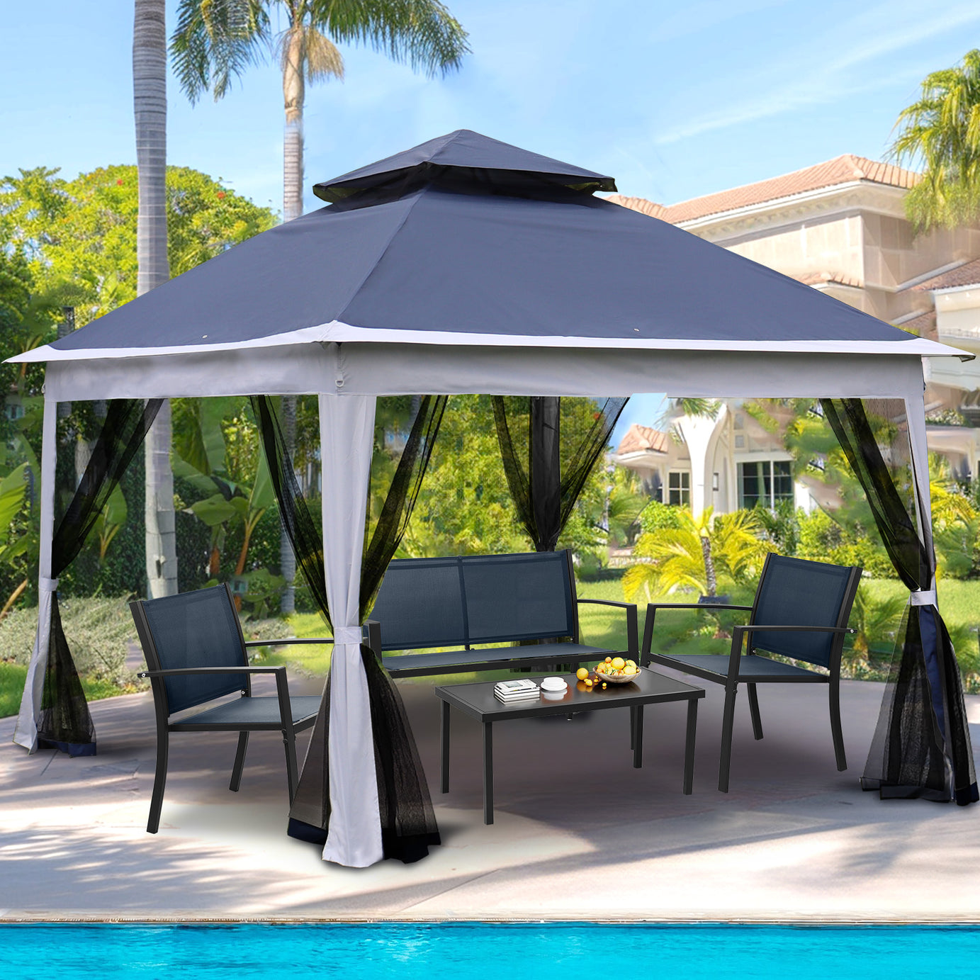 Outdoor 11x 11Ft Pop Up Gazebo Canopy With Removable Zipper Netting,2-Tier Soft Top Event Tent,Suitable For Patio Backyard Garden Camping Area,blue--1