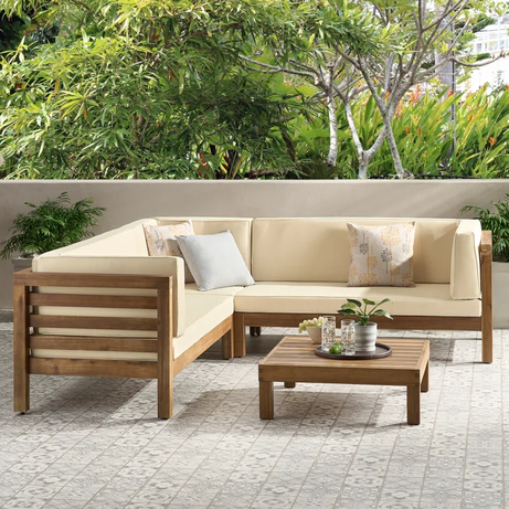 OANA OUTDOOR WOODEN SECTIONAL SET WITH CUSHIONS, BEIGE--1