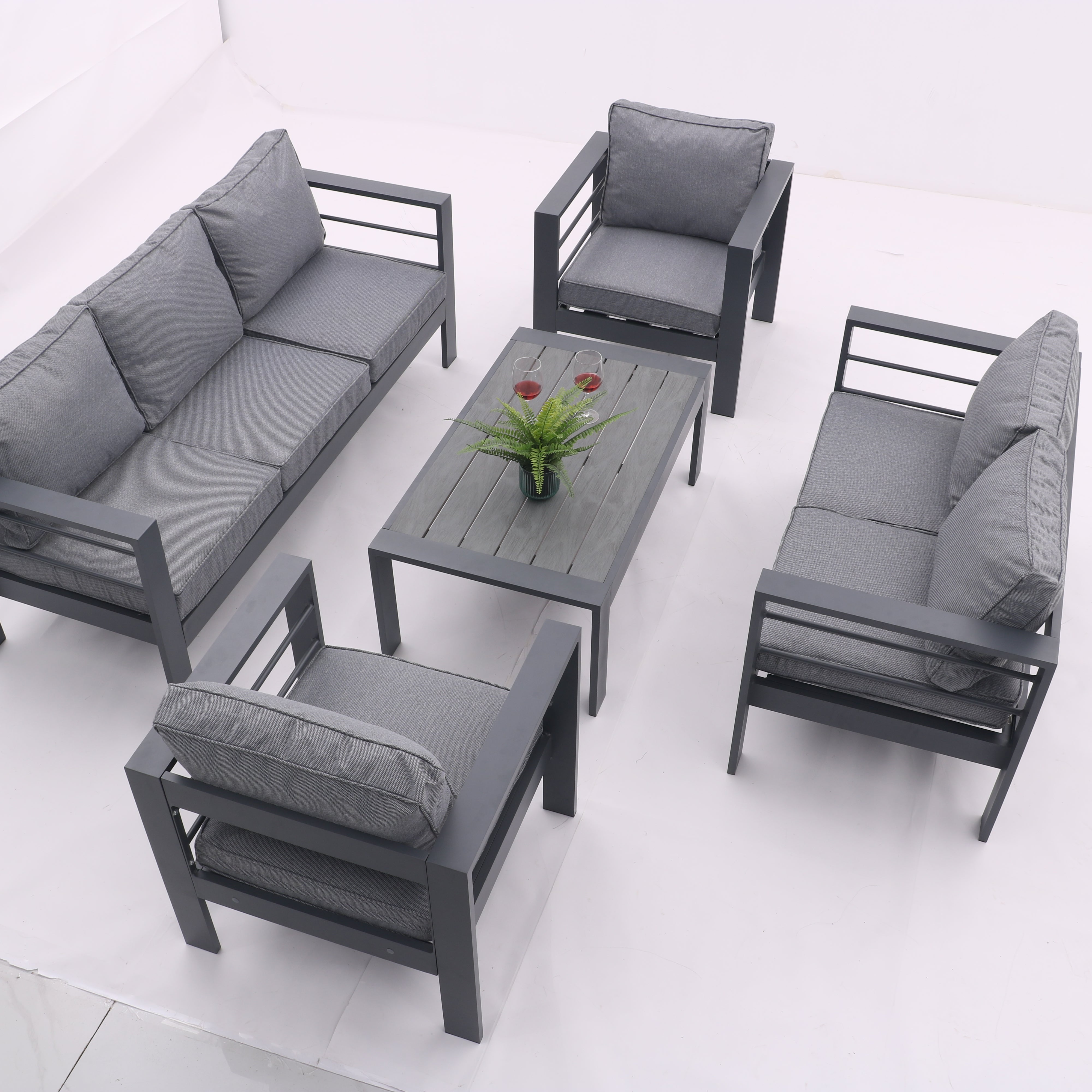 5-piece Aluminum Outdoor Patio Conversation Set,All-Weather Sectional Sofa Outside Furniture with  Removable Cushions and Tempered Glass Coffee Table for Courtyard,Poolside,Deck,Balcony(Grey)--1