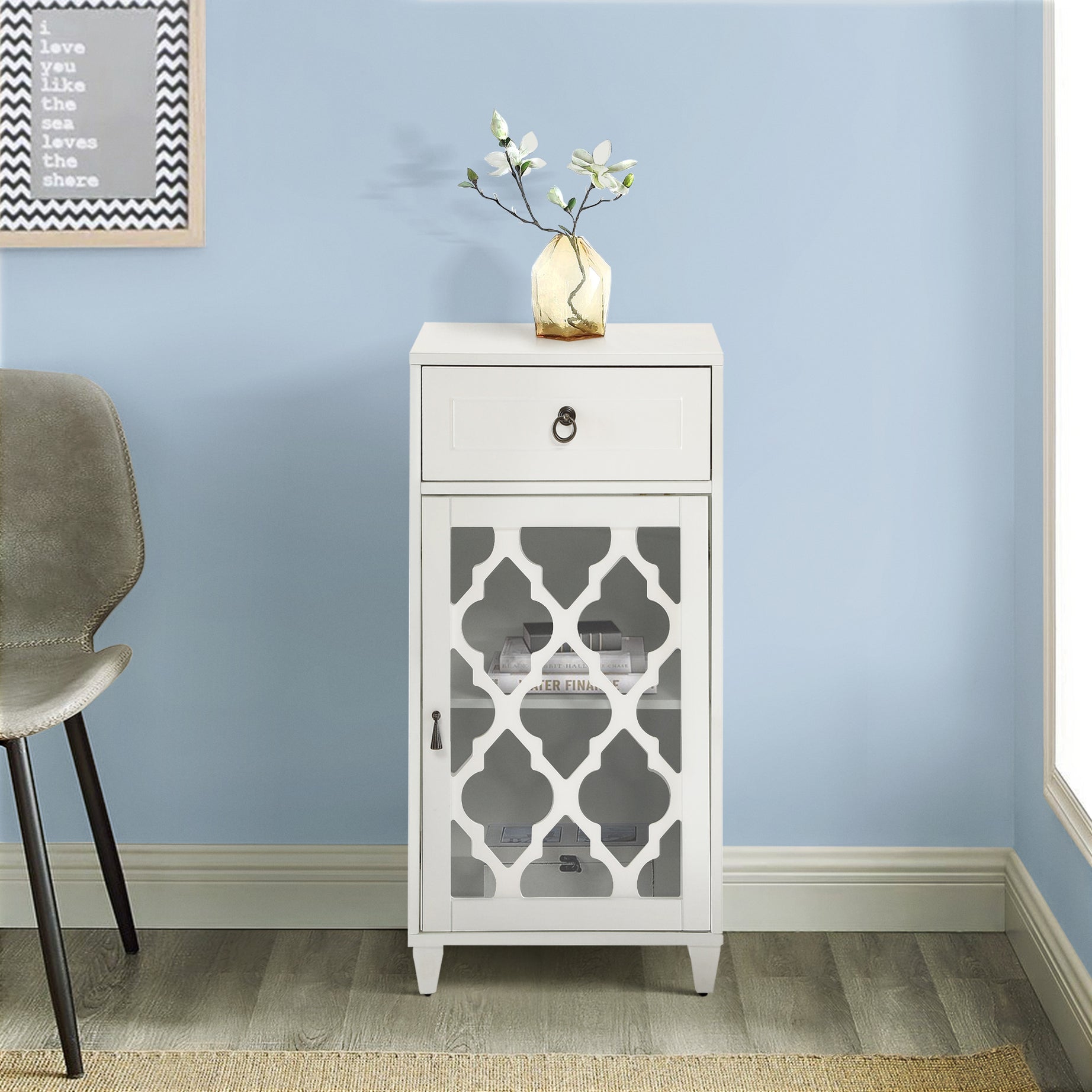 White Side Table with Drawer and Door--1