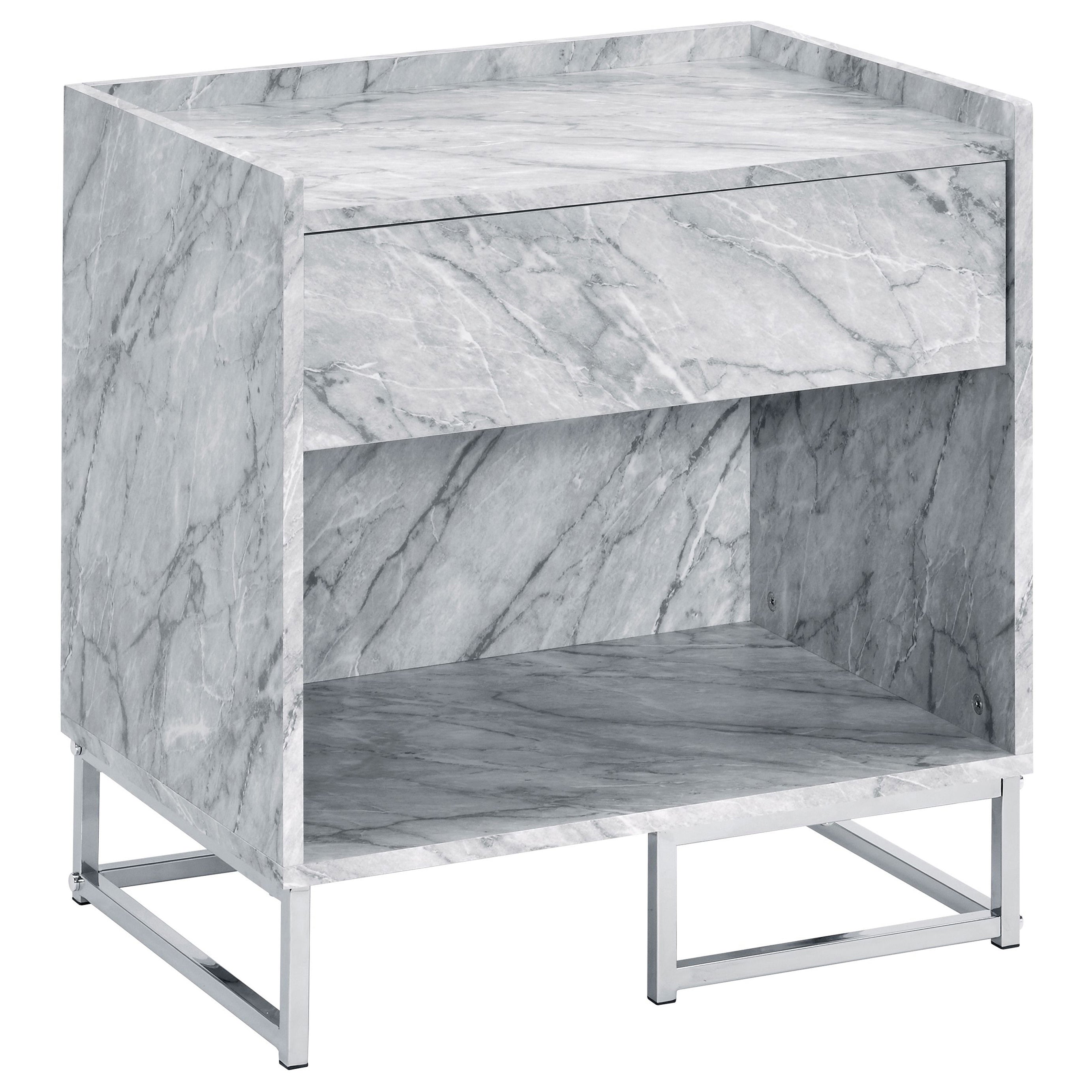 White Printed Faux Marble and Chrome Accent Table--1