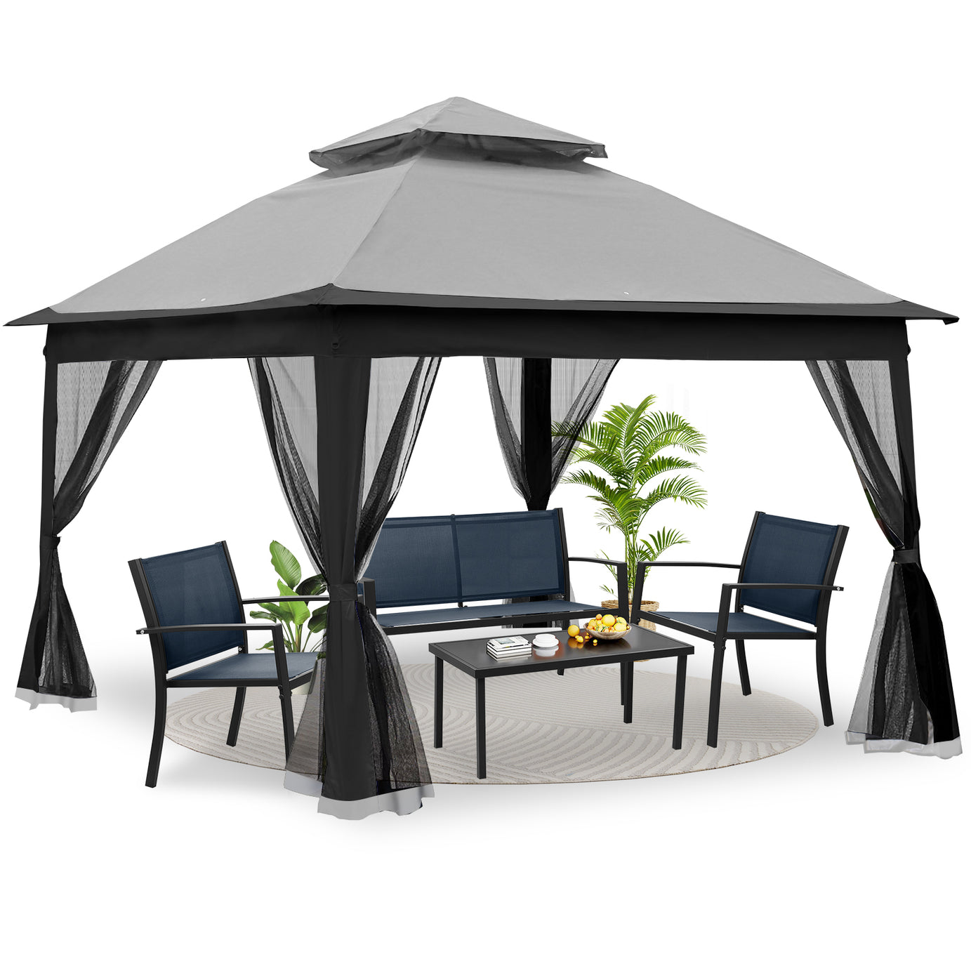 Outdoor 11x 11Ft Pop Up Gazebo Canopy With Removable Zipper Netting,2-Tier Soft Top Event Tent,Suitable For Patio Backyard Garden Camping Area,Grey--1