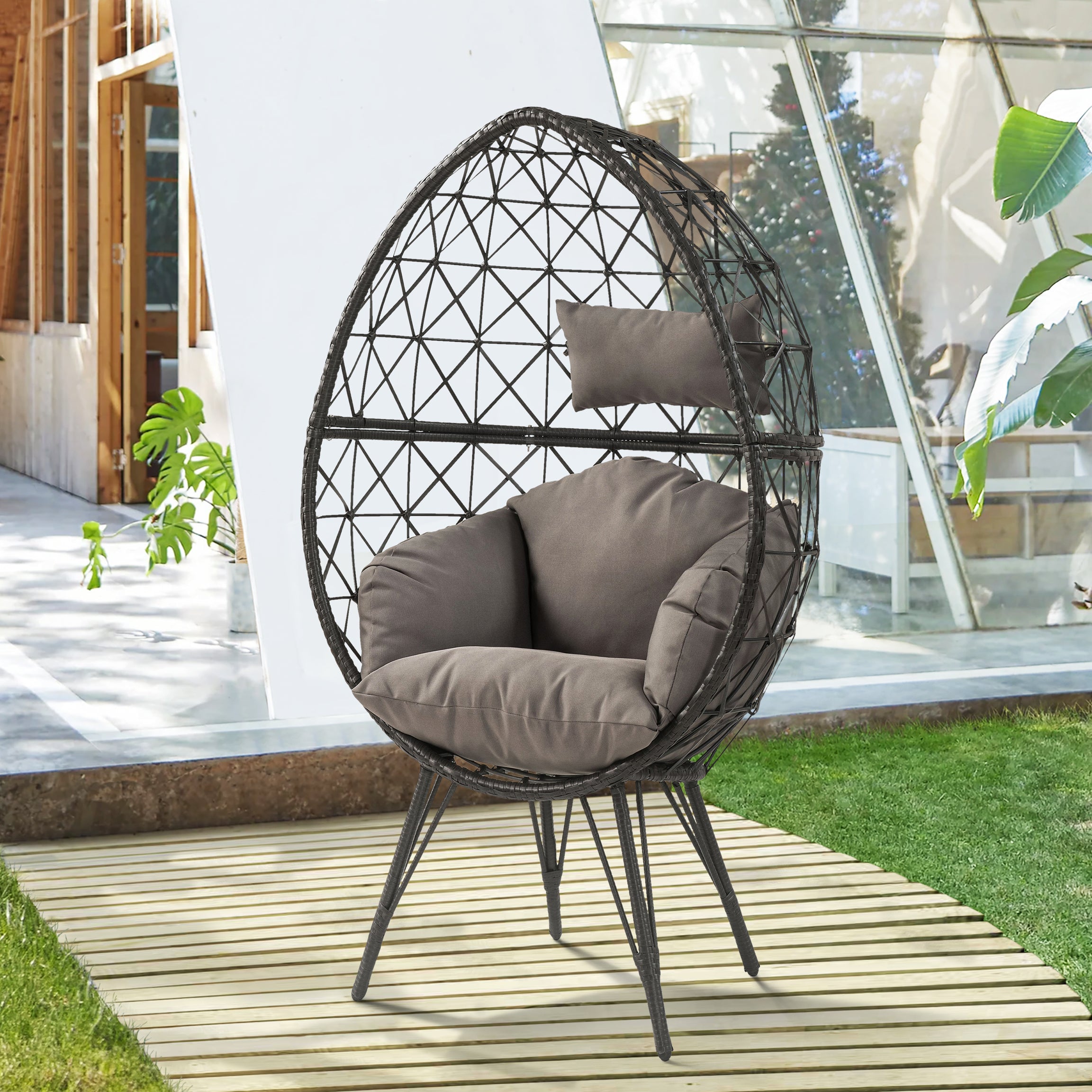 Light Grey and Black Patio Chair with Upholstered Cushion--1