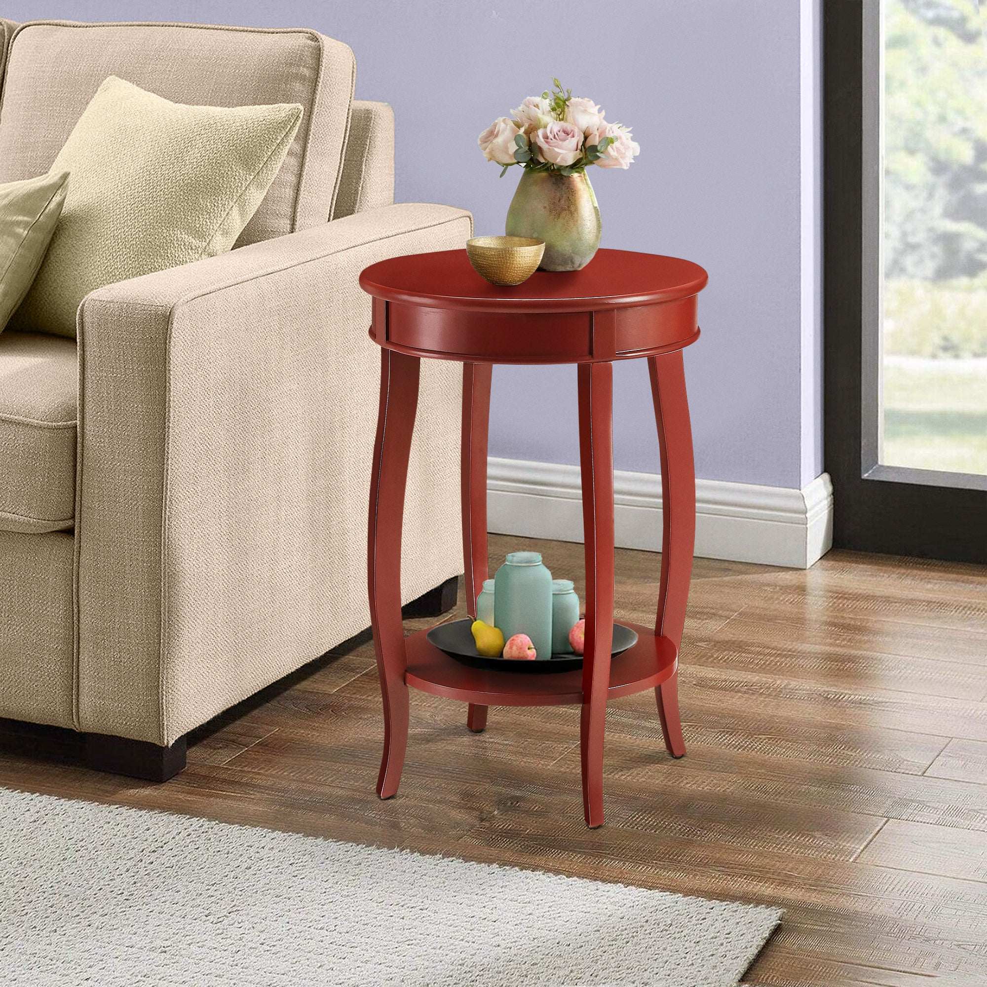 Red Round Side Table with Bottom Shelf--1