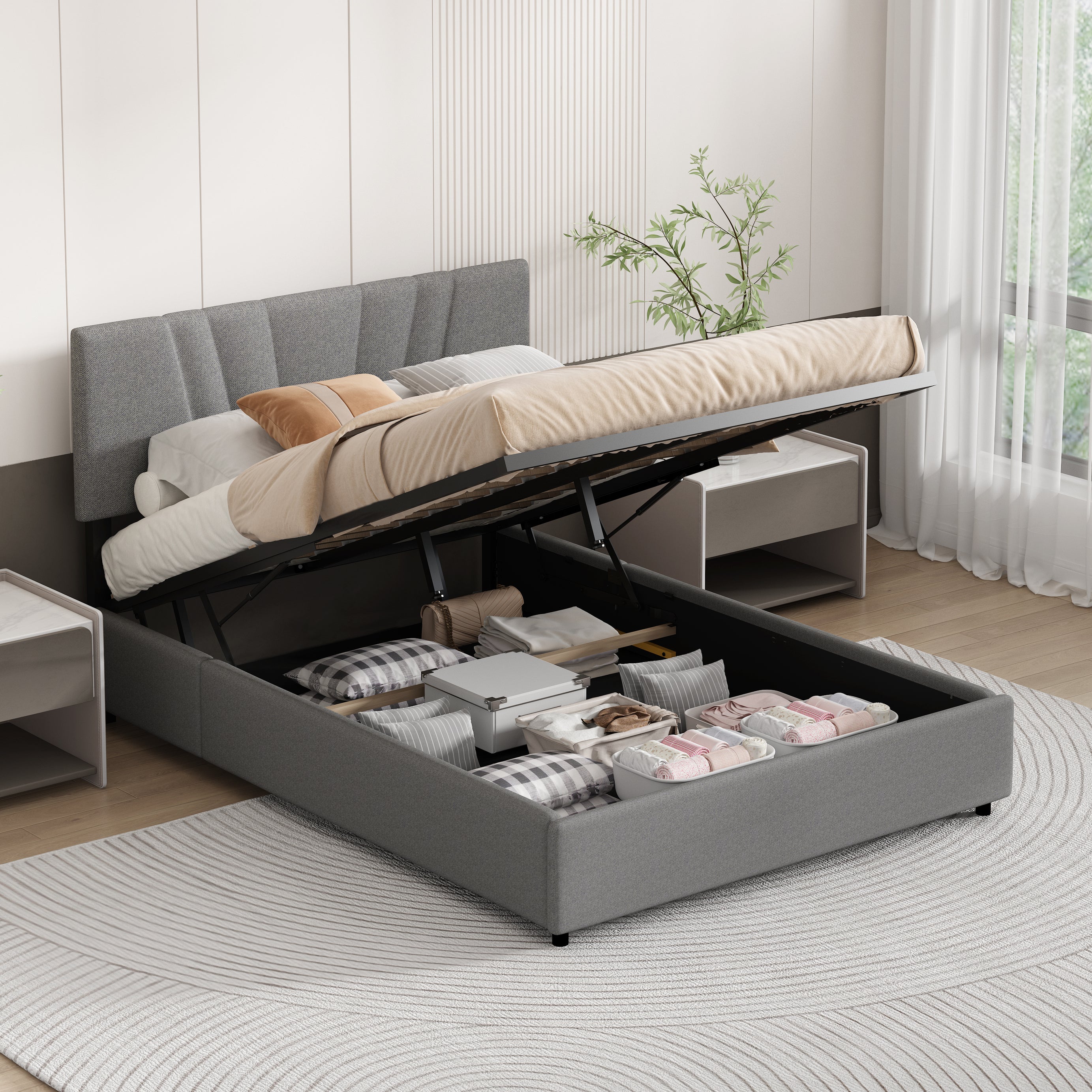 Full Upholstered Platform Bed with Lifting Storage, Full Size Bed Frame with Storage and Tufted Headboard,Wooden  Full Platform Bed for Kids Teens Adults,No Box Spring Needed( Full, Gray)--1