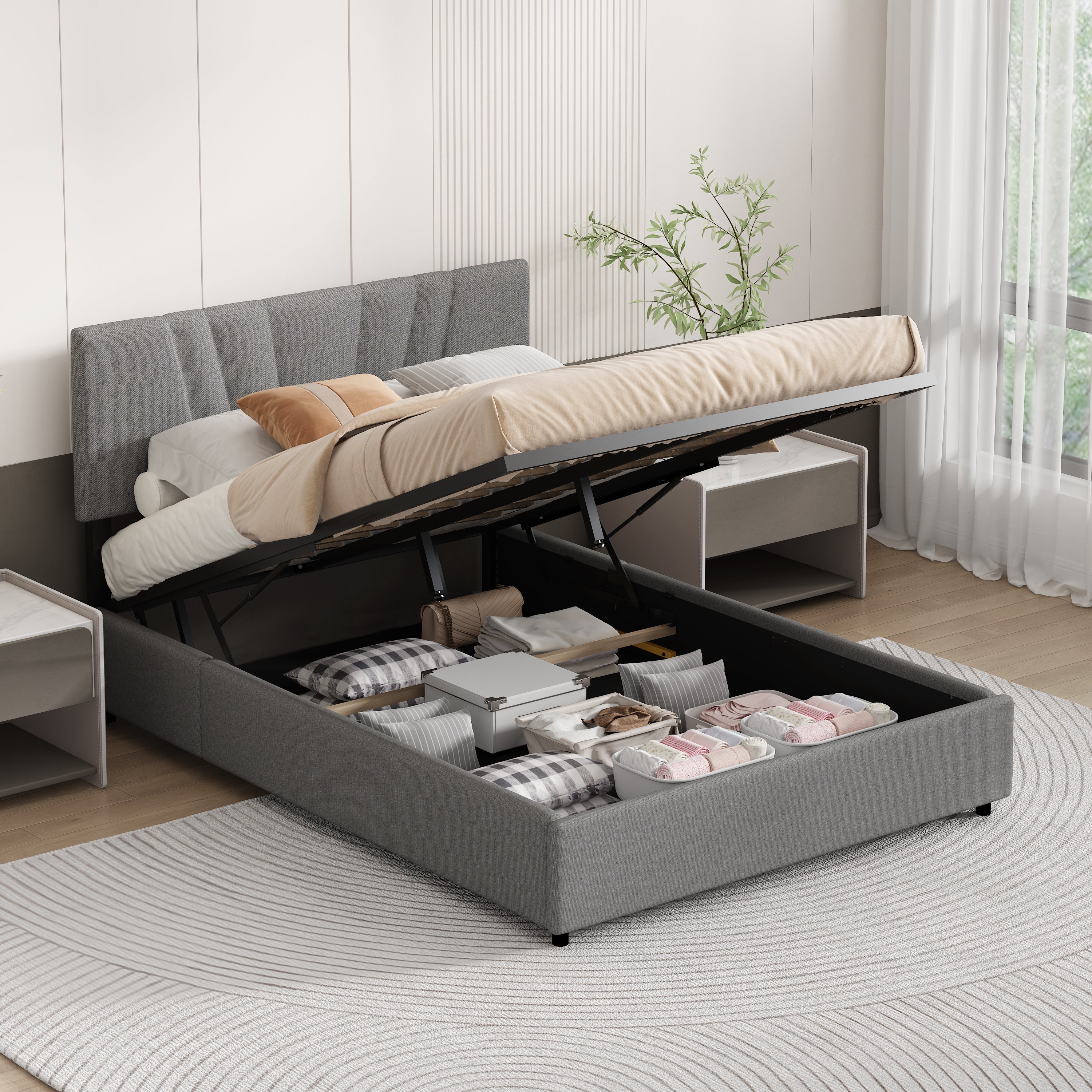 Queen Upholstered Platform Bed with Lifting Storage, Queen Size Bed Frame with Storage and Tufted Headboard,Wooden Queen Platform Bed for Kids Teens Adults,No Box Spring Needed(Queen, Grey)--1