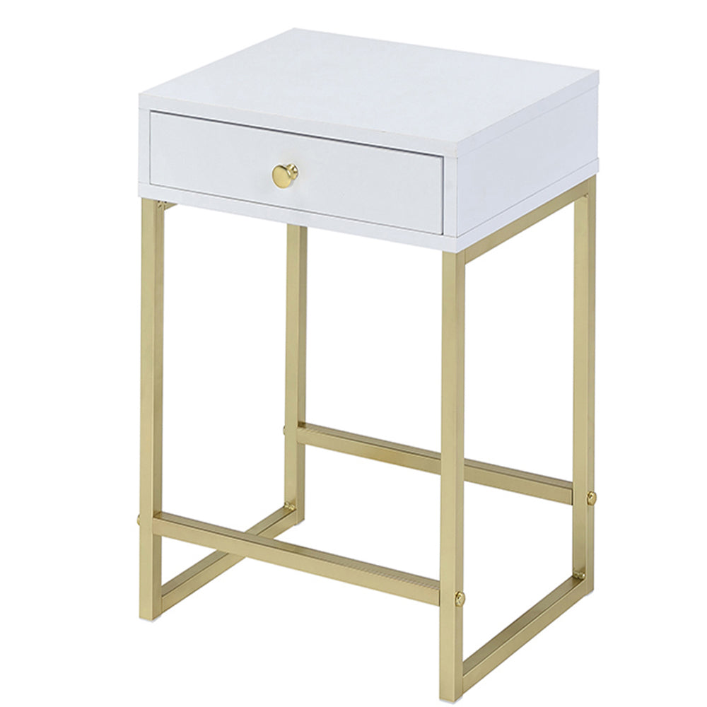 White and Brass 1-Drawer Side Table--1