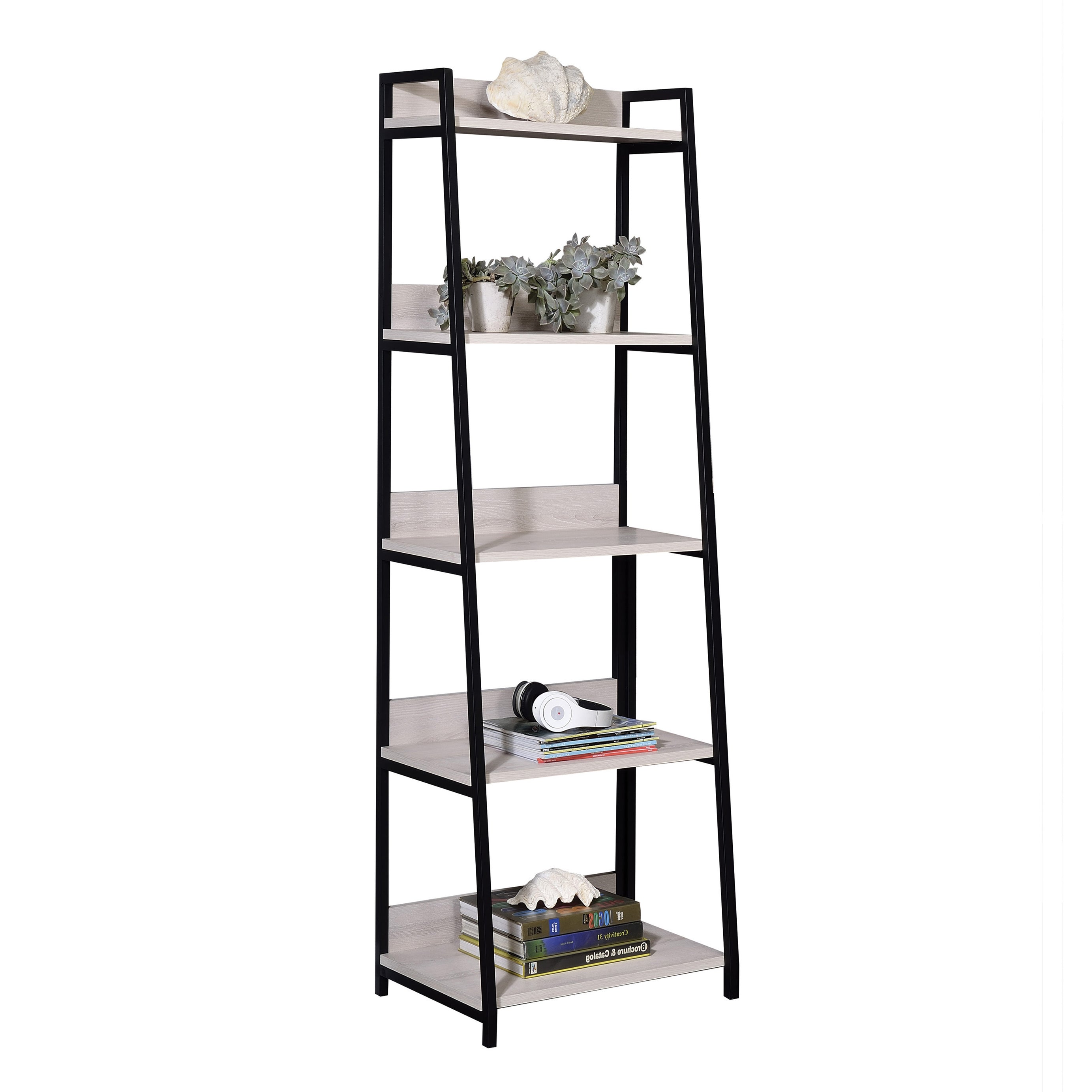 Natural and Black Ladder 5-tier Bookshelf--1