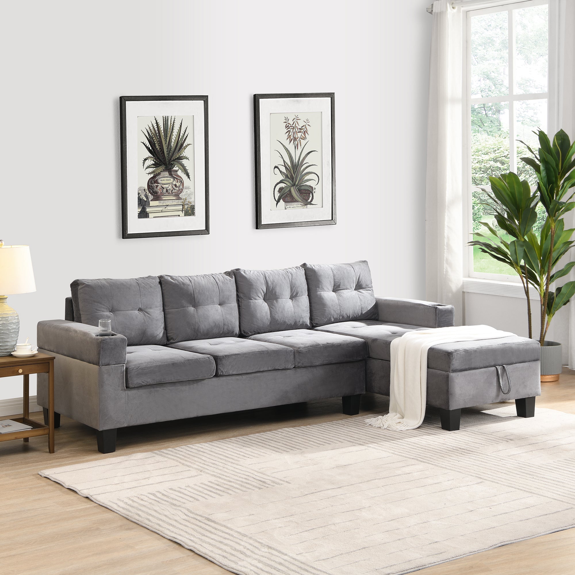 Sectional Sofa Set for Living Room with L Shape  Chaise Lounge ,cup holder and  Right  Hand with Storage Chaise  Modern 4 Seat (Grey) 
--RIGHT CHAISE WITH STORAGE--1