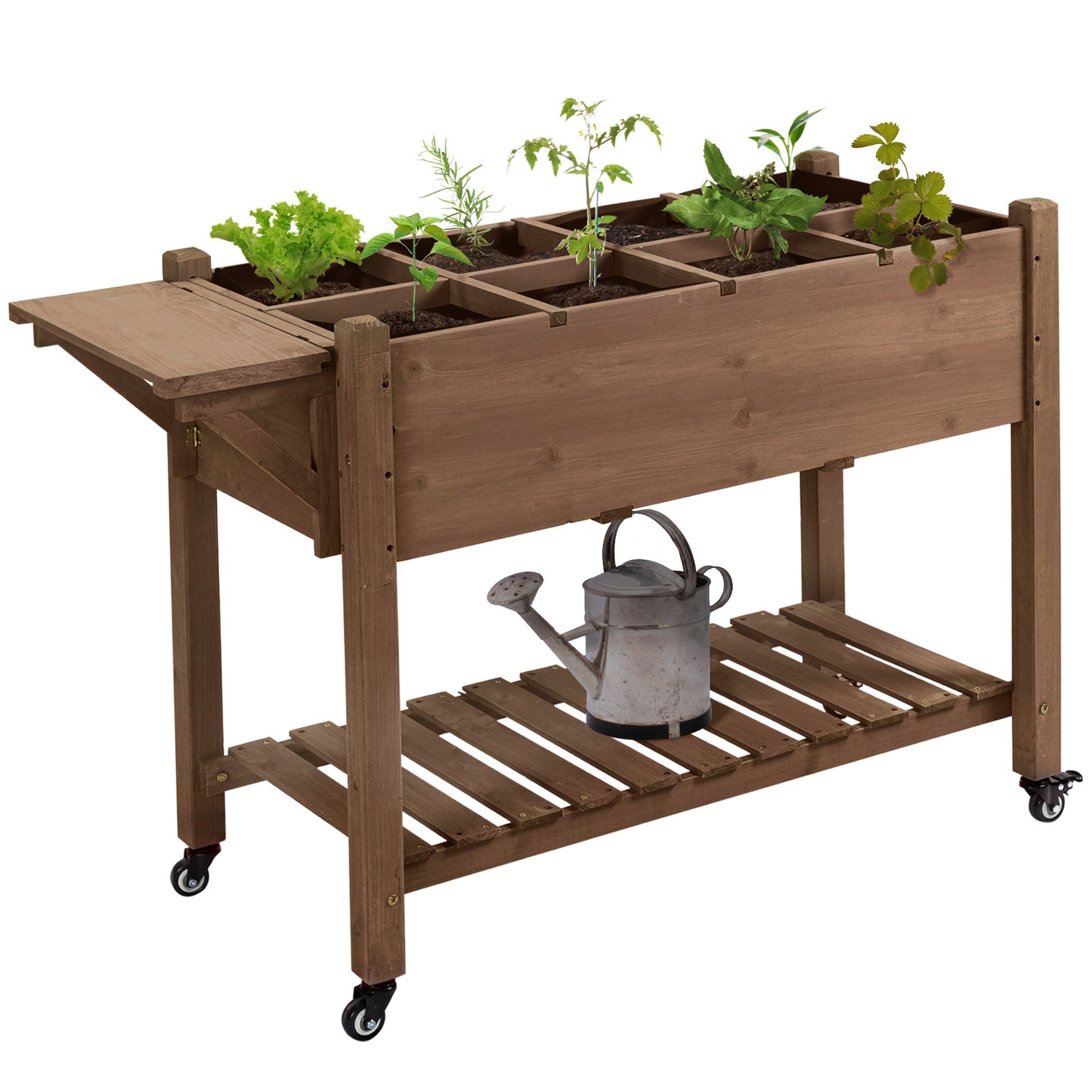 Outsunny Raised Garden Bed with 8 Grow Grids, Wooden Outdoor Plant Box Stand with Folding Side Table and Wheels, 49" x 21" x 34",  for Vegetables, Flowers, Herbs, Brown--1