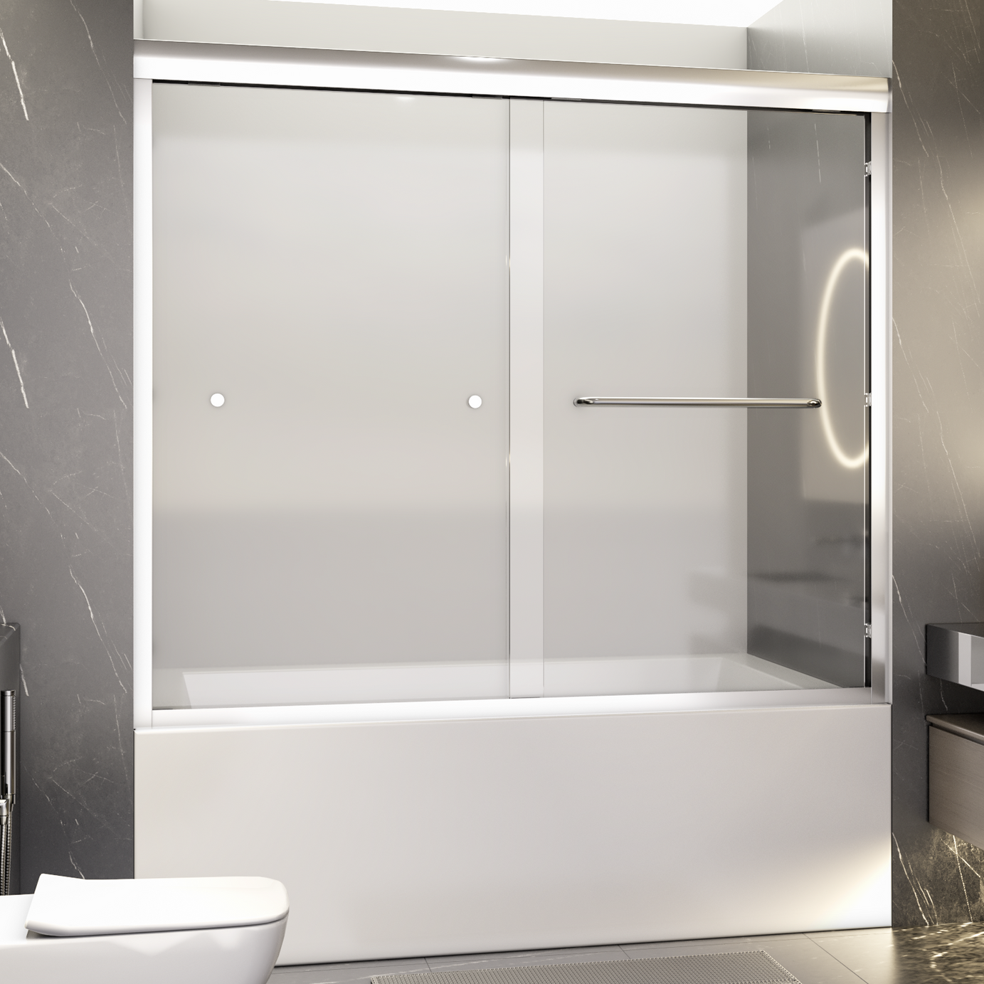 56"-60"W*58" H  Semi-Frameless Double Sliding Tub Door, Bypass Bathtub Shower, 1/4" (6mm) Thick SGCC Tempered Glass Door,  Chrome--1