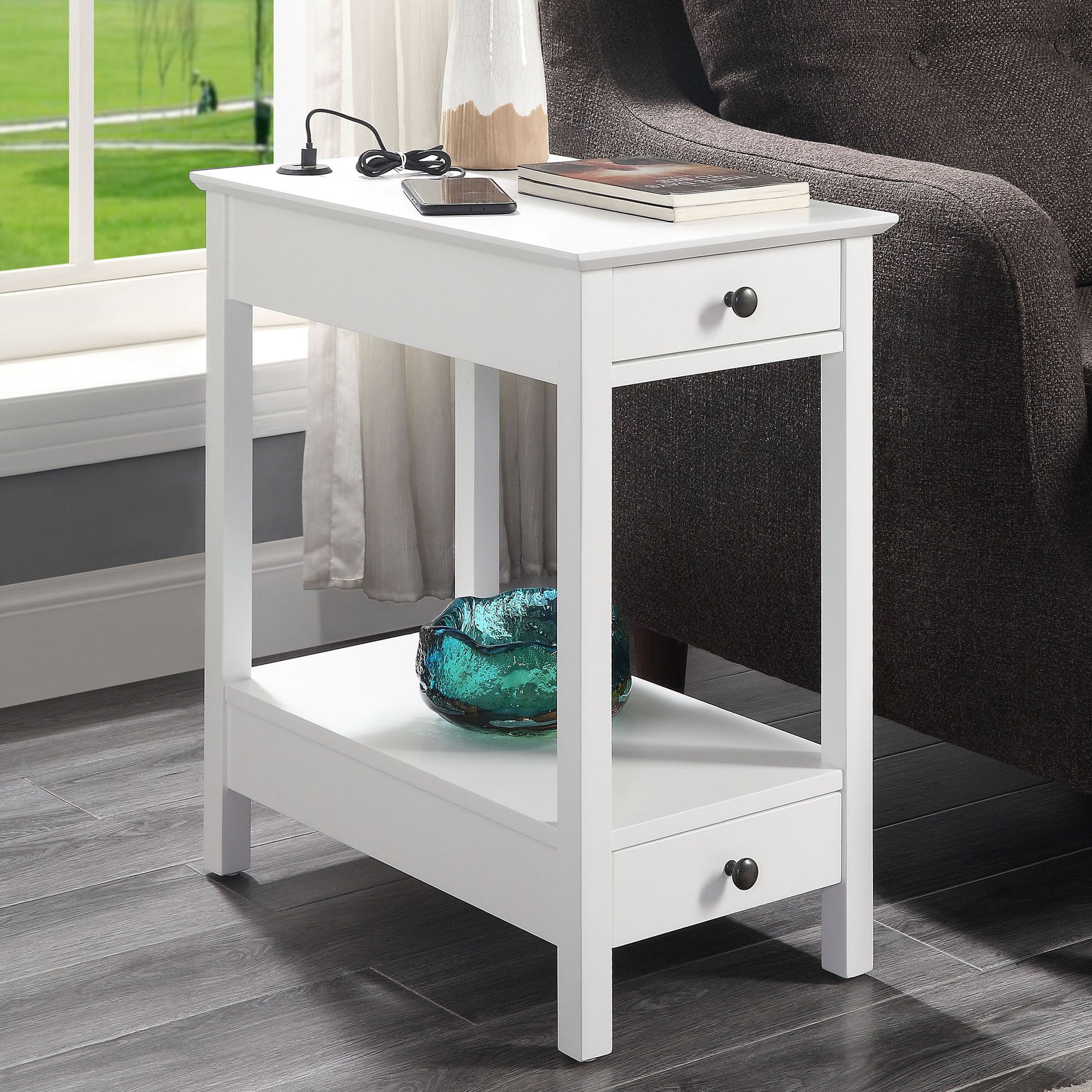 White Storage Accent Table with USB--1