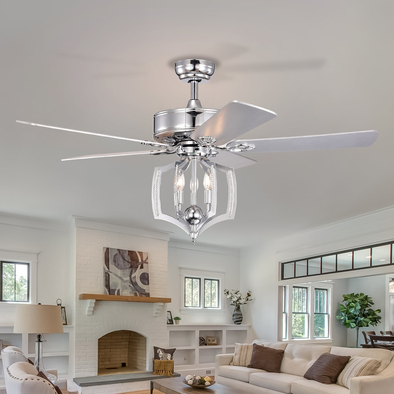 Ceiling Fans with Lights(no include bulb)  and Remote 52 Inch Bedroom Ceiling Fan with Light Crystal Chandelier Fans, Reversible Motor, Timer, Polished Chrome--1