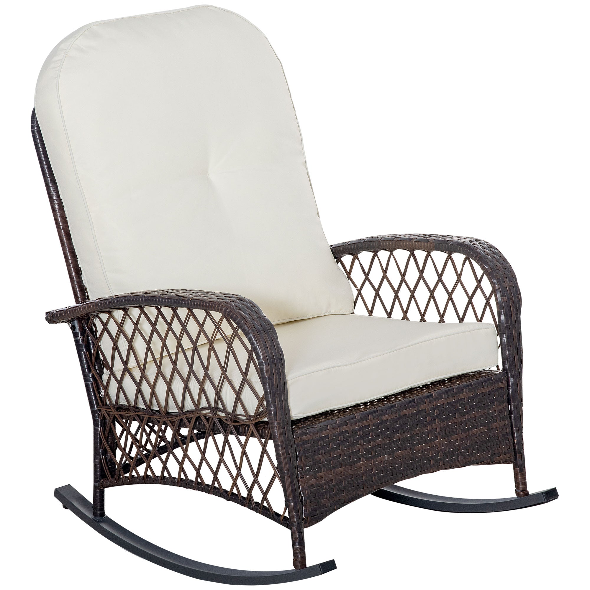 Outsunny Outdoor Wicker Rocking Chair with Wide Seat, Thick, Soft Cushion, Rattan Rocker w/Steel Frame, High Weight Capacity for Patio, Garden, Backyard, Cream White--1