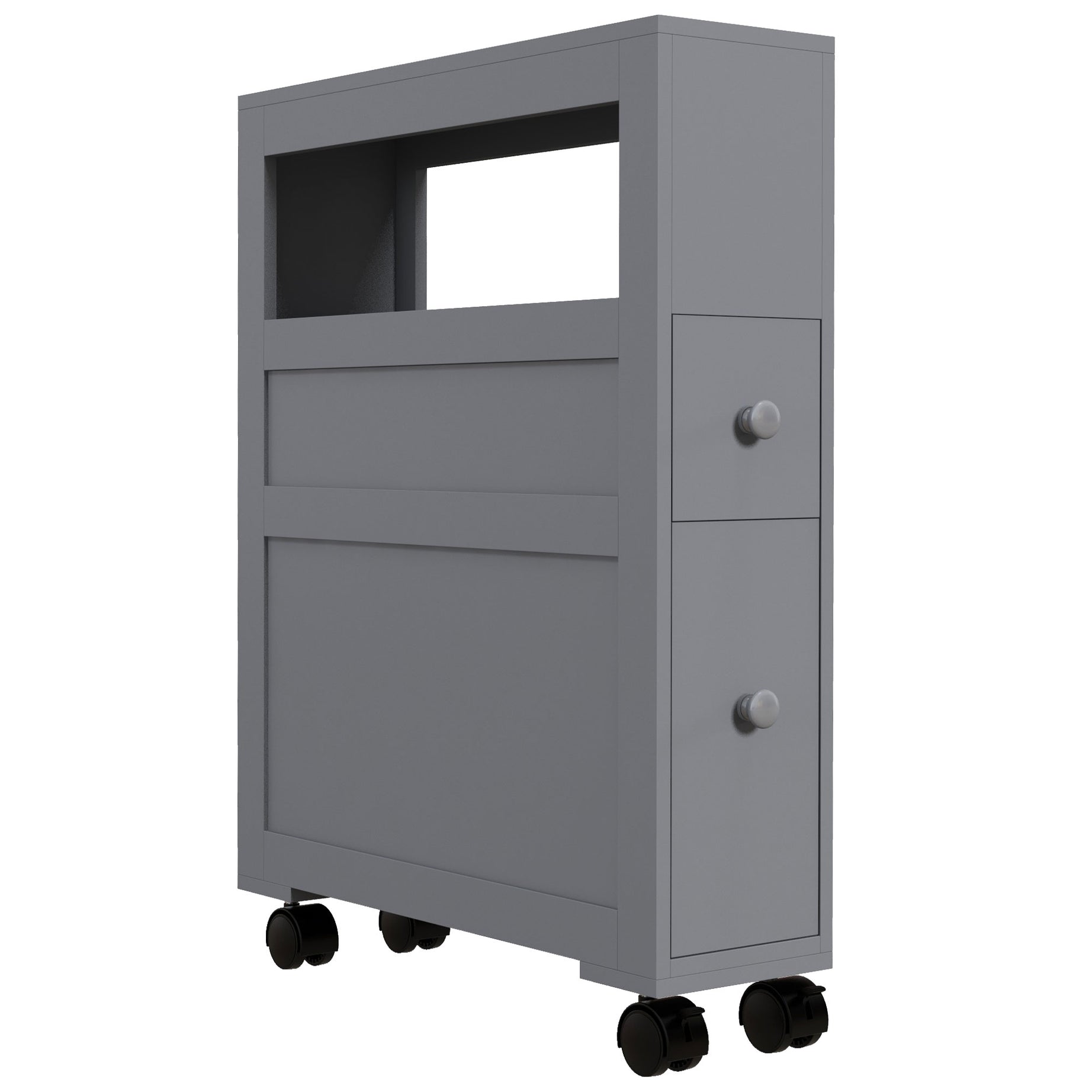 HOMCOM 6.25" x 20.5" x 28.25" Wood Rolling Narrow Bathroom Side Storage Cabinet - Gray--1