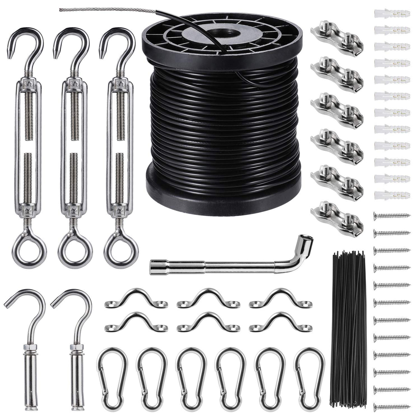 String Lights Hanging Kit,Globe String Lights Suspension Kit,Outdoor Light Guide Wire,Includ 164 FT Nylon-Coated Stainless Steel Wire Rope Cable,Turnbuckle and Hooks,Enough Accessories,Use Manual--1