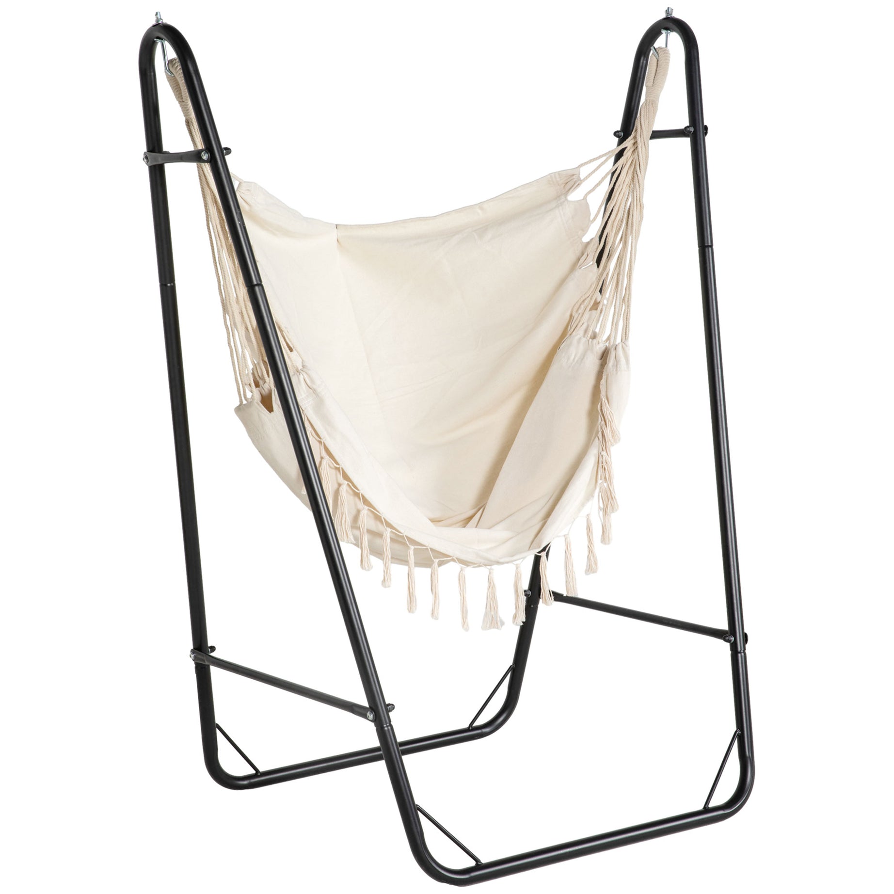 Outsunny Patio Hammock Chair with U Shape Stand, Outdoor Hammock Swing Hanging Lounge Chair with Side Pocket, Black/Cream White--1