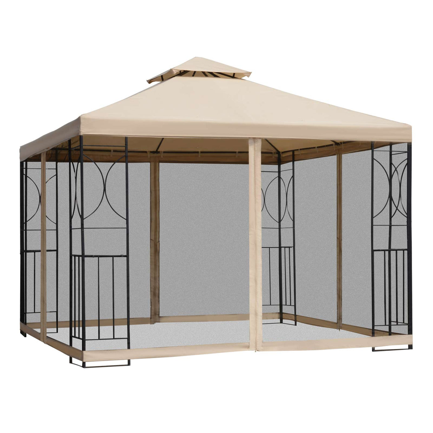 Outsunny 10' x 10' Patio Gazebo with Corner Shelves, Outdoor Gazebo Canopy Shelter with Netting, and Vented Roof, for Garden, Lawn, Backyard and Deck--1