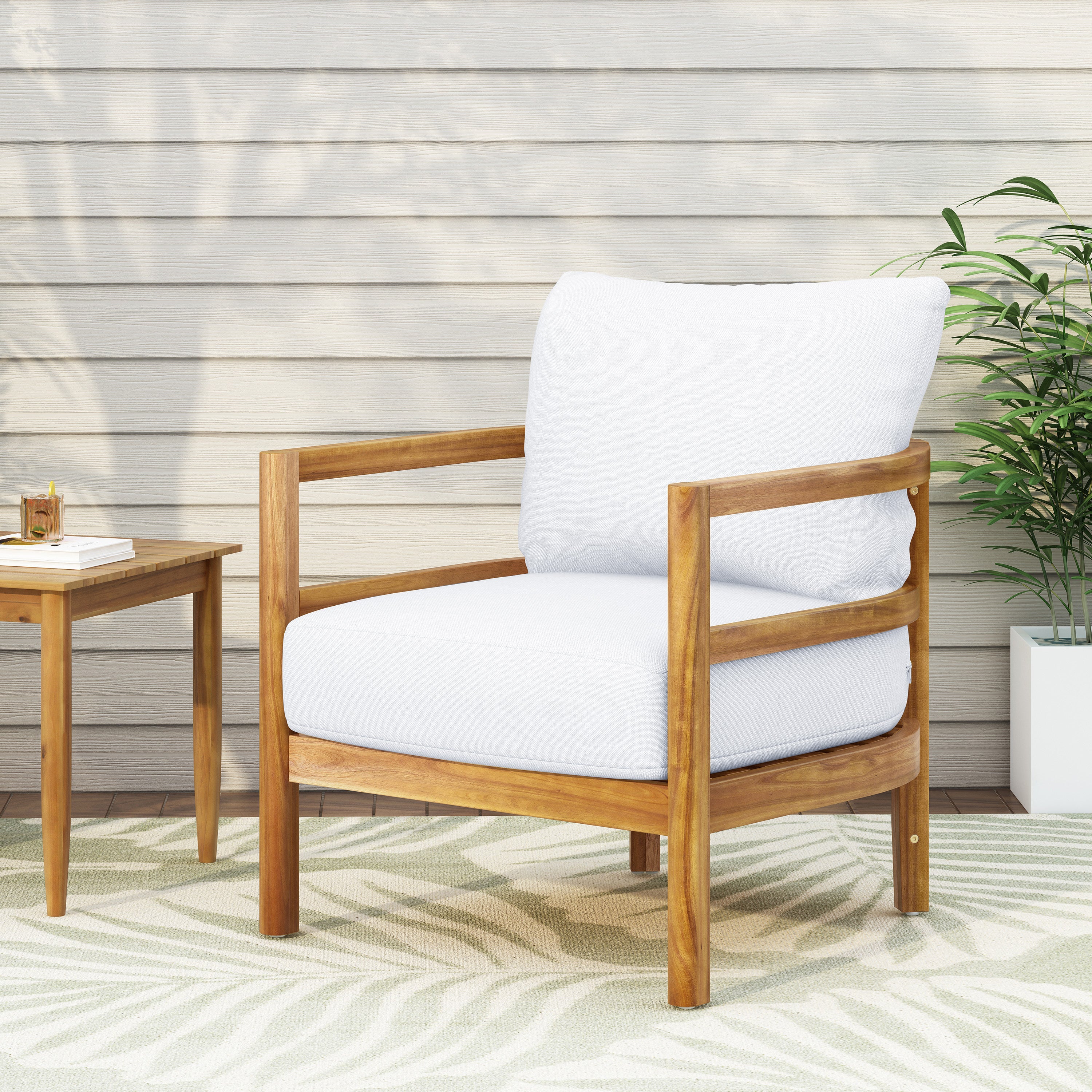 Outdoor Acacia Wood Patio Club Chair, Wood Patio Furniture,Waterproof Thick Cushion Deep Seating for Porch, Garden, Backyard, Balcony, Weight Capacity 400lbs, Light Teak Finish, White--1