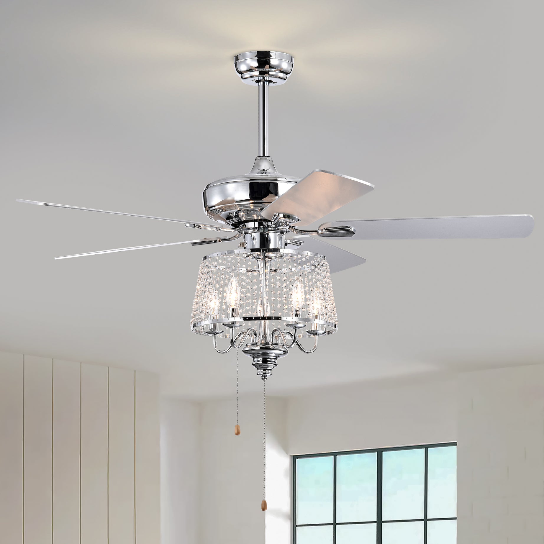 52 Inch Crystal Ceiling Fan , Modern Electrical Fan with 5 Wood Reversible Blades,  4 Bulbs Not Included,Noiseless Reversible AC Motor for Bedroom/Living Room/Study/Patio Home Decoration  (Chrome)--1