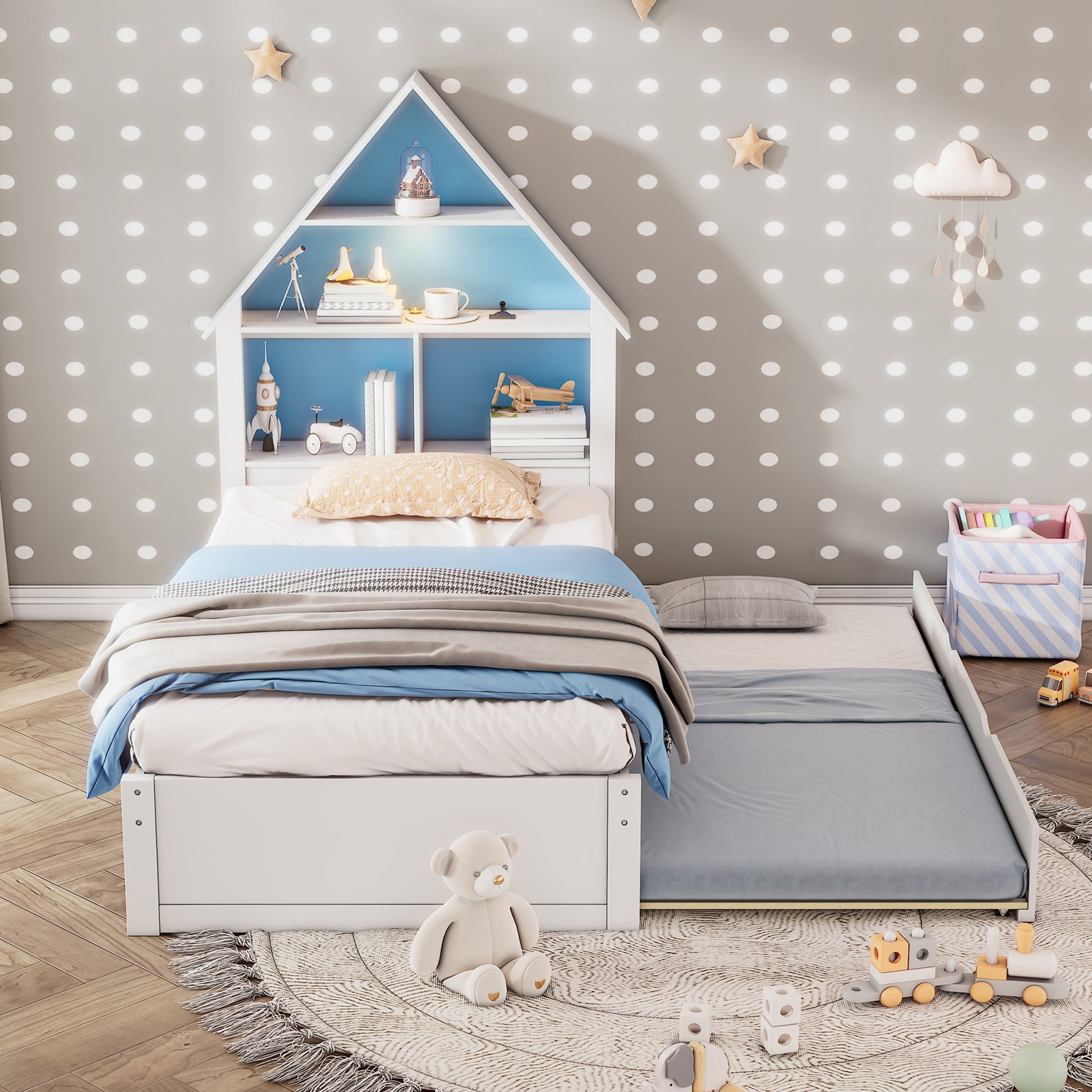 Twin Size House-Shaped Bed with Bookcase Headboard and Led Light and Twin Size Trundle for Kids Boys Girls, Blue+ White--1