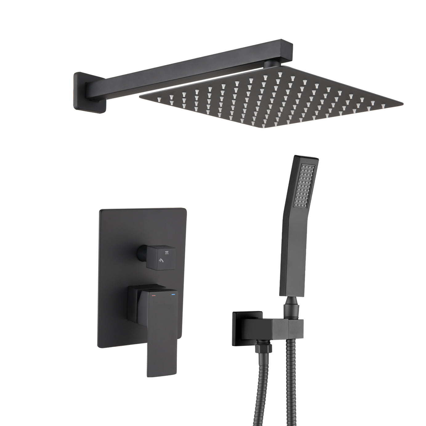 12" Matte Black Wall-Mounted Rainfall Shower System with Handheld Shower--1