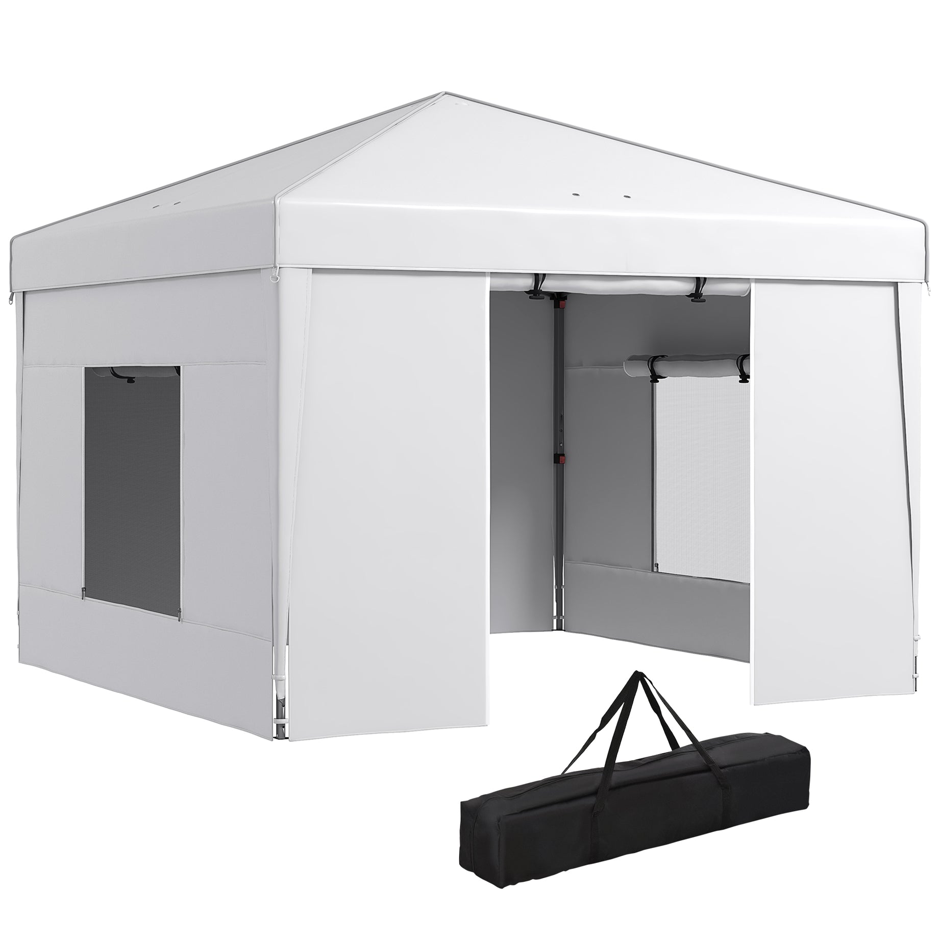 Outsunny 9.7' x 9.7' Pop Up Canopy with Sidewalls, Portable Canopy Tent with 2 Mesh Windows, Reflective Strips, Carry Bag for Events, Outdoor Party, Vendor Canopy, White--1