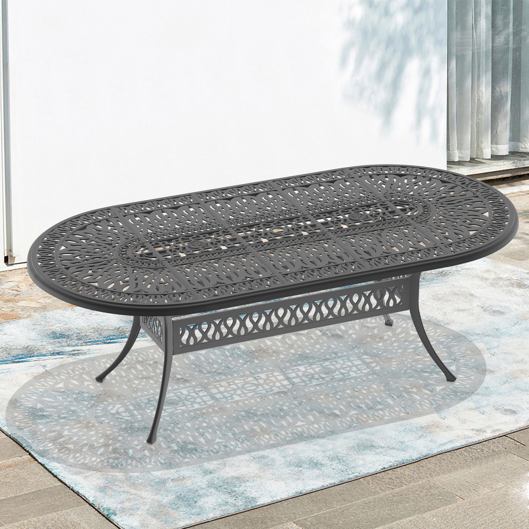 L86.22*W42.32-inch Oval Cast Aluminum Patio Dining Table with Black Frame and Umbrella Hole--1