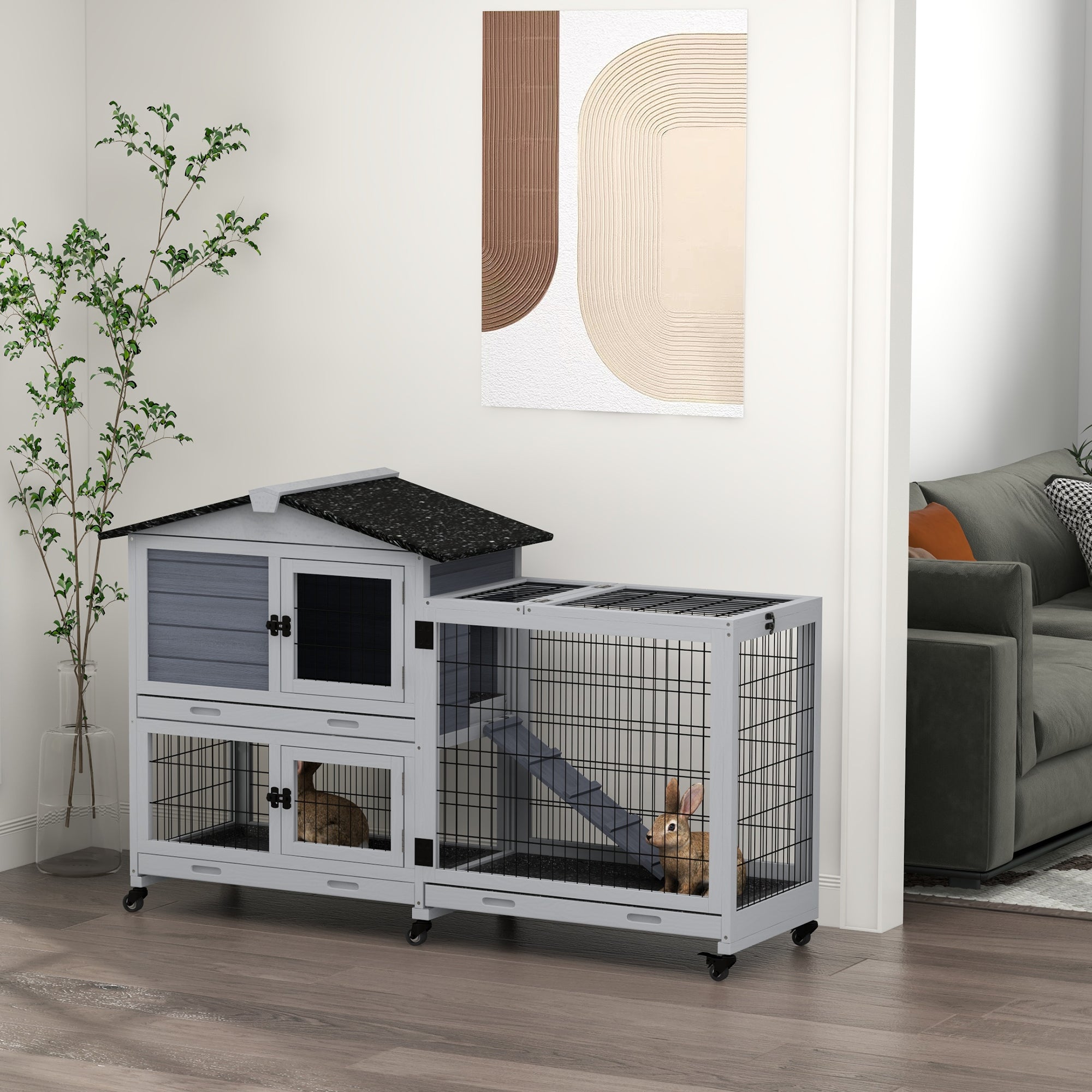 PawHut Rabbit Hutch 2-Story Bunny Cage Small Animal House with Slide Out Tray, Wheels, for Indoor Outdoor, 59.8" x 20.9" x 39.2", Gray--1