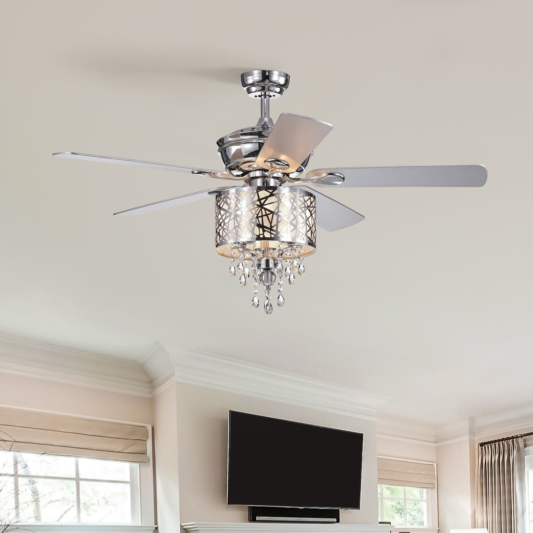 Elegant Metal  52-inch Ceiling Fan (Optional Remote&2 Color Option Blades)  or Bedroom, Living Room, Dining Room--Chrome--1