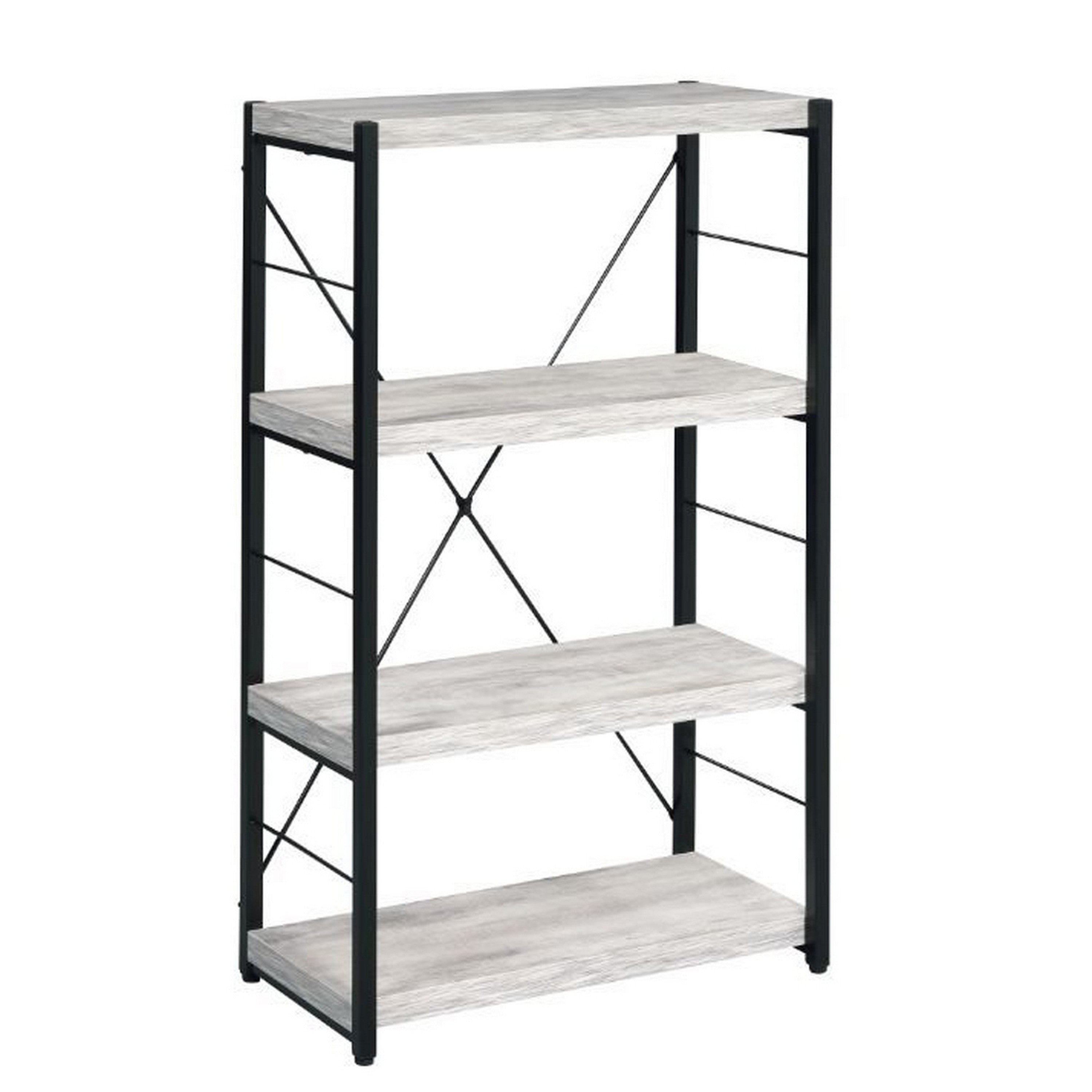 Industrial Bookshelf with 4 Shelves and Open Metal Frame, White and Black--1