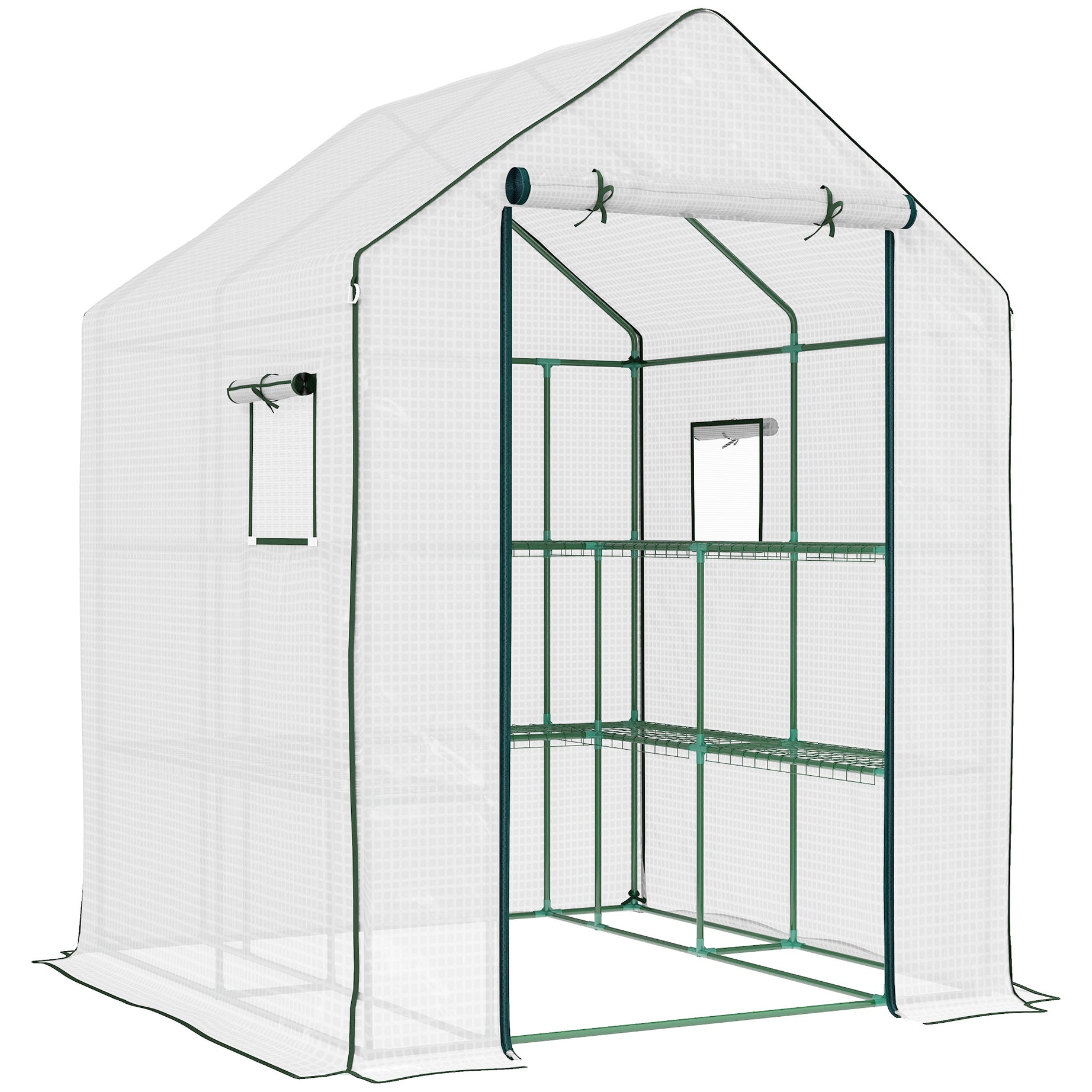 Outsunny 4.6' x 4.7' Portable Greenhouse, Water/UV Resistant Walk-In Small Outdoor Greenhouse with 2 Tier U-Shaped Flower Rack Shelves, Roll Up Door & Windows, White--1